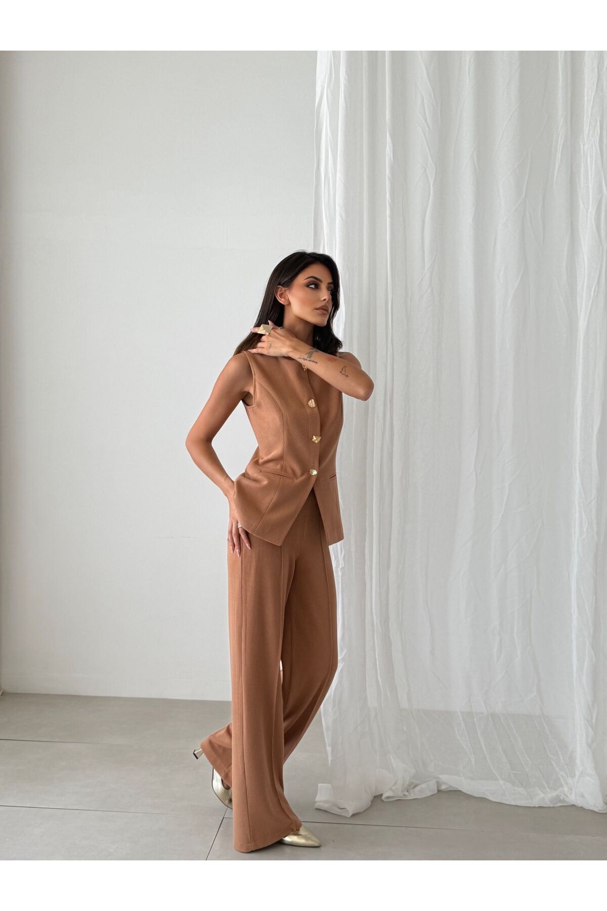 Pienk-Brown Elastic Waist Women's Vest Pants Suit 3