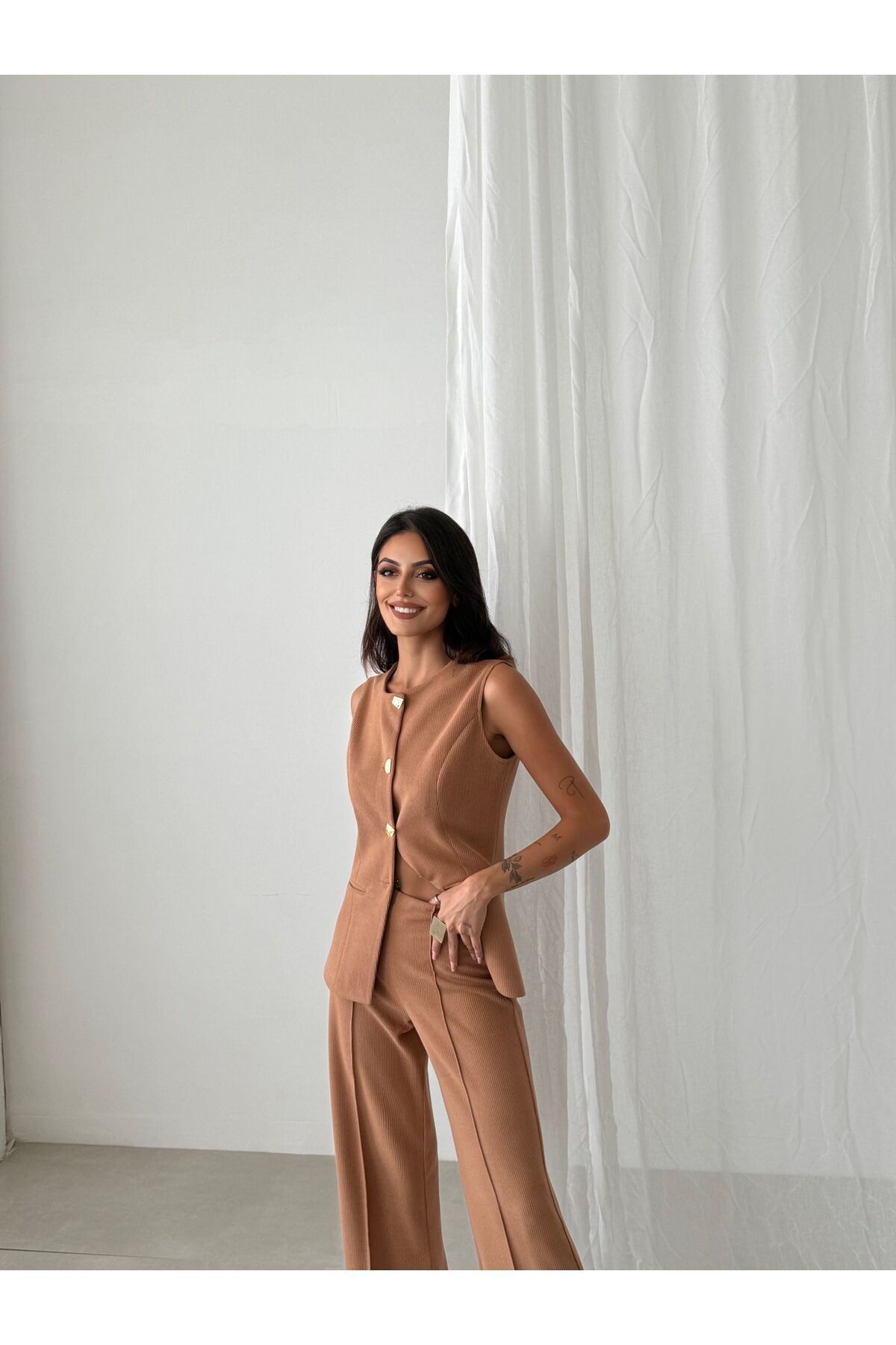 Pienk-Brown Elastic Waist Women's Vest Pants Suit 2