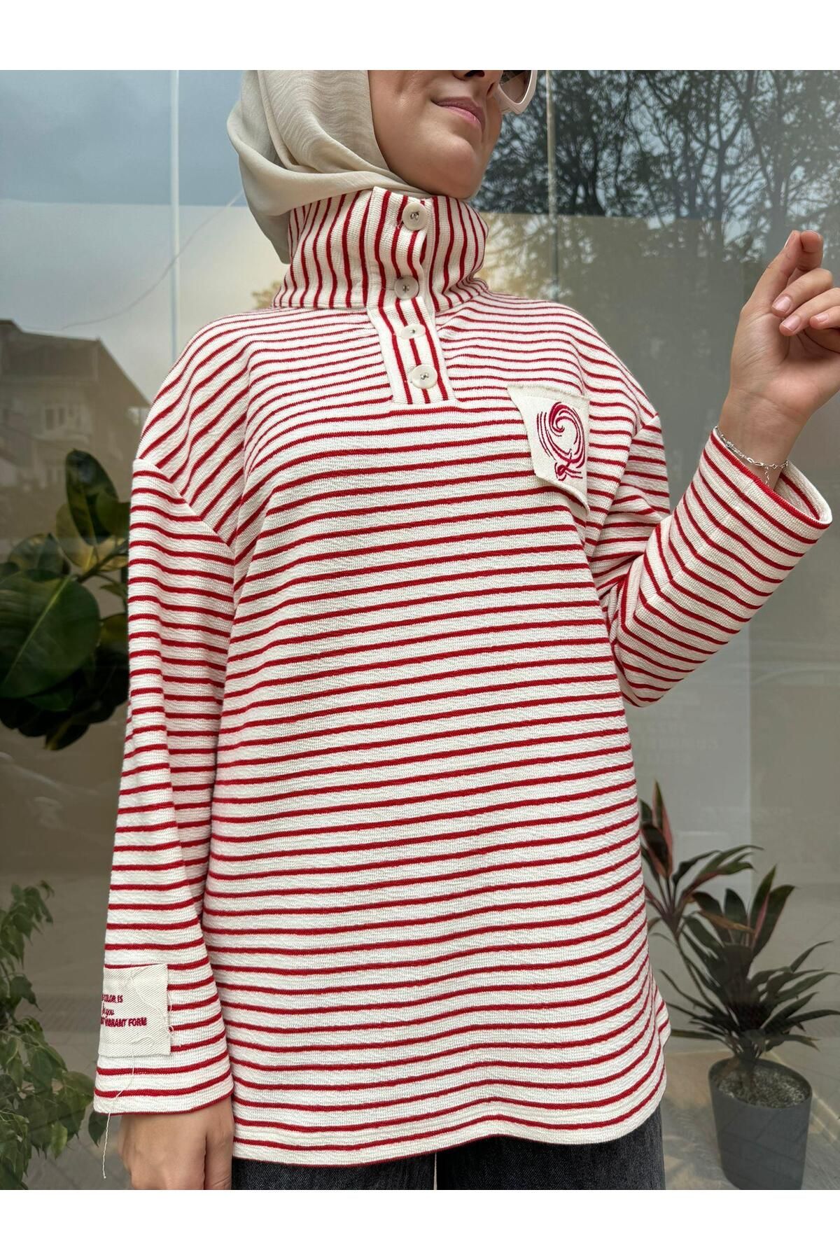 QOOQ STORE-Button Detailed Striped Lora Women's Sweat Red 4