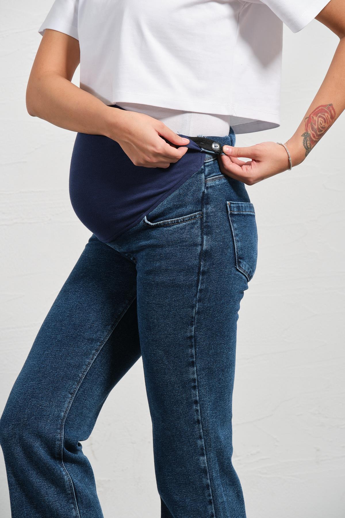 BUSA Hamile Esnek Karın Bantlı Bol Paça Beli Ayarlanabilir Kot Pantolon MAVİ fotoğrafı 5 (önizleme)