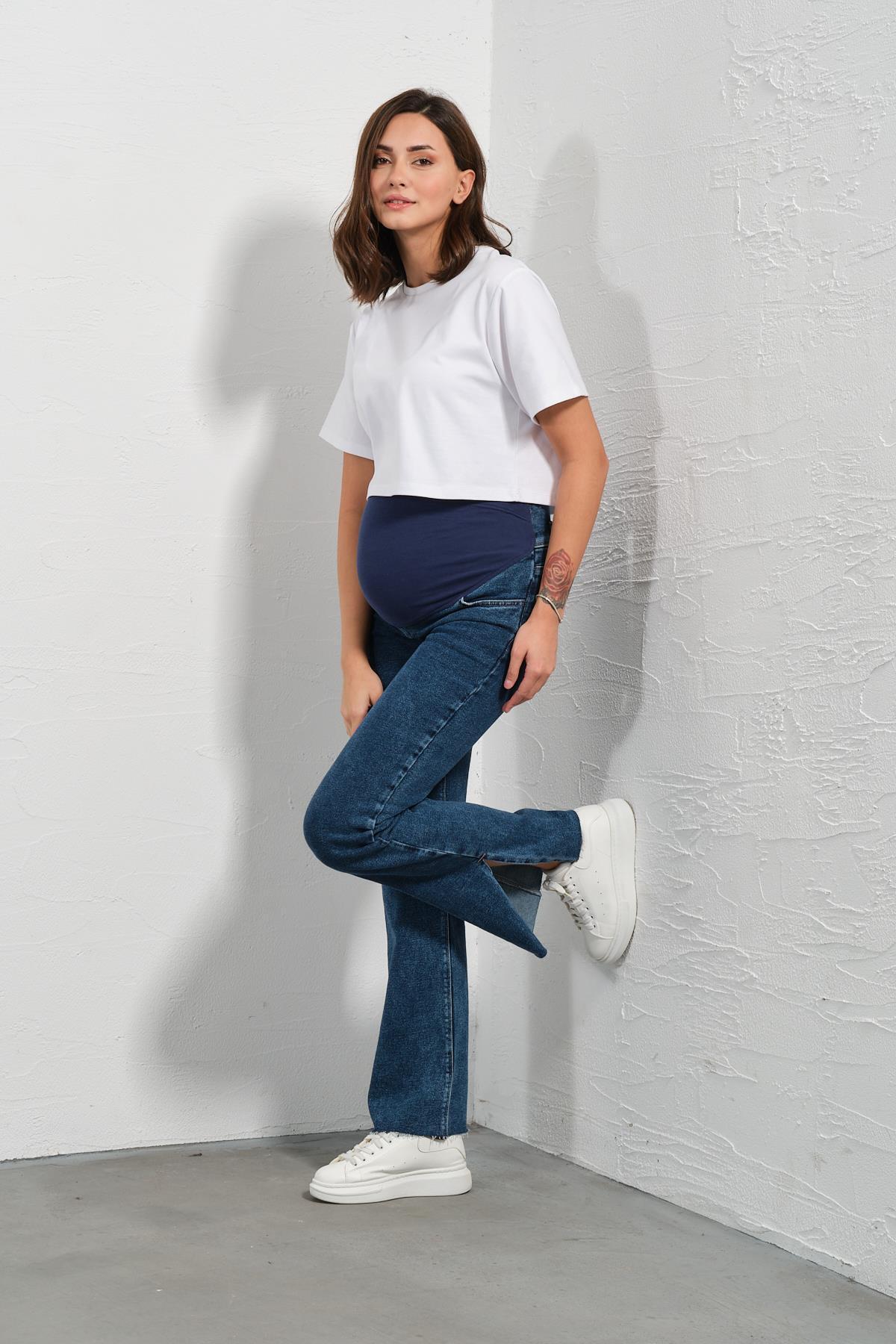 BUSA Hamile Esnek Karın Bantlı Bol Paça Beli Ayarlanabilir Kot Pantolon MAVİ fotoğrafı 2 (önizleme)