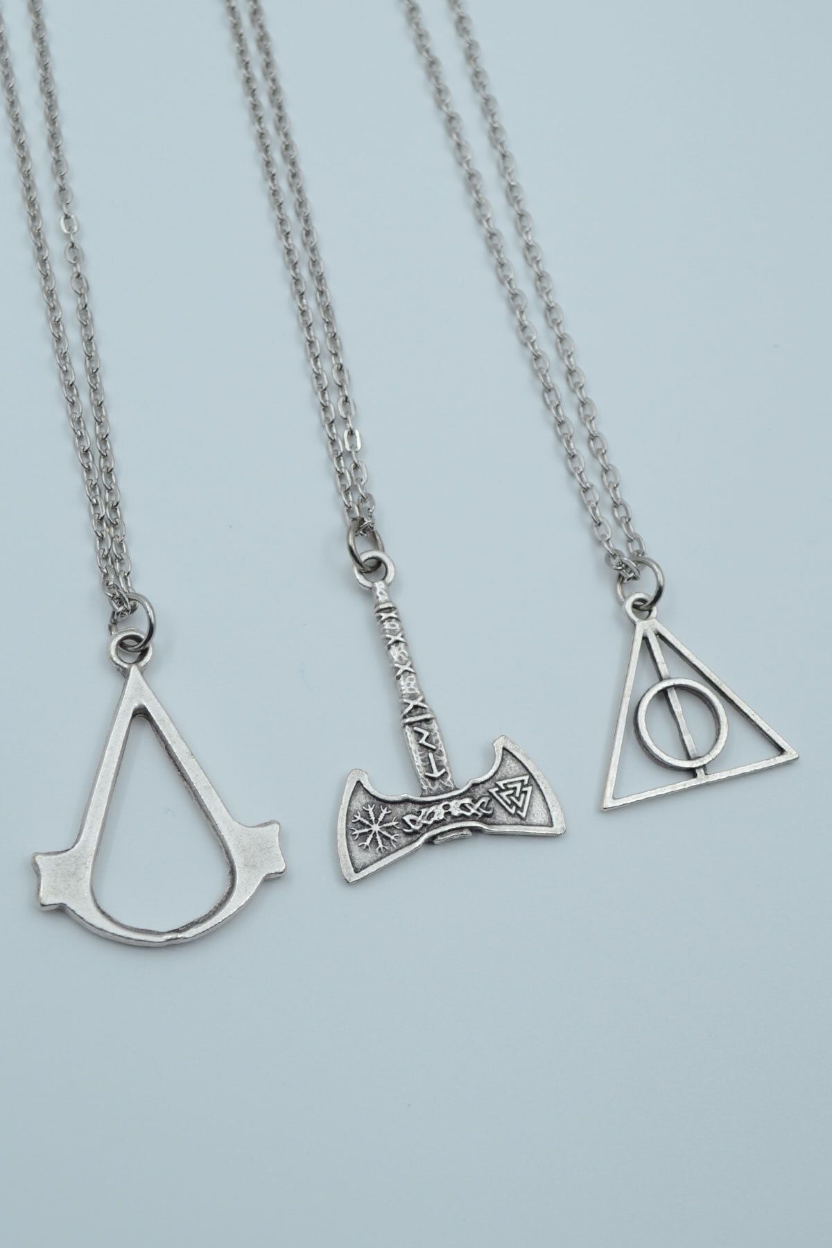 teknotrust 3'lü Viking Balta ve Harry Potter Kolye Seti, gümüş aksesuarlar, şık ve özgün tasarım