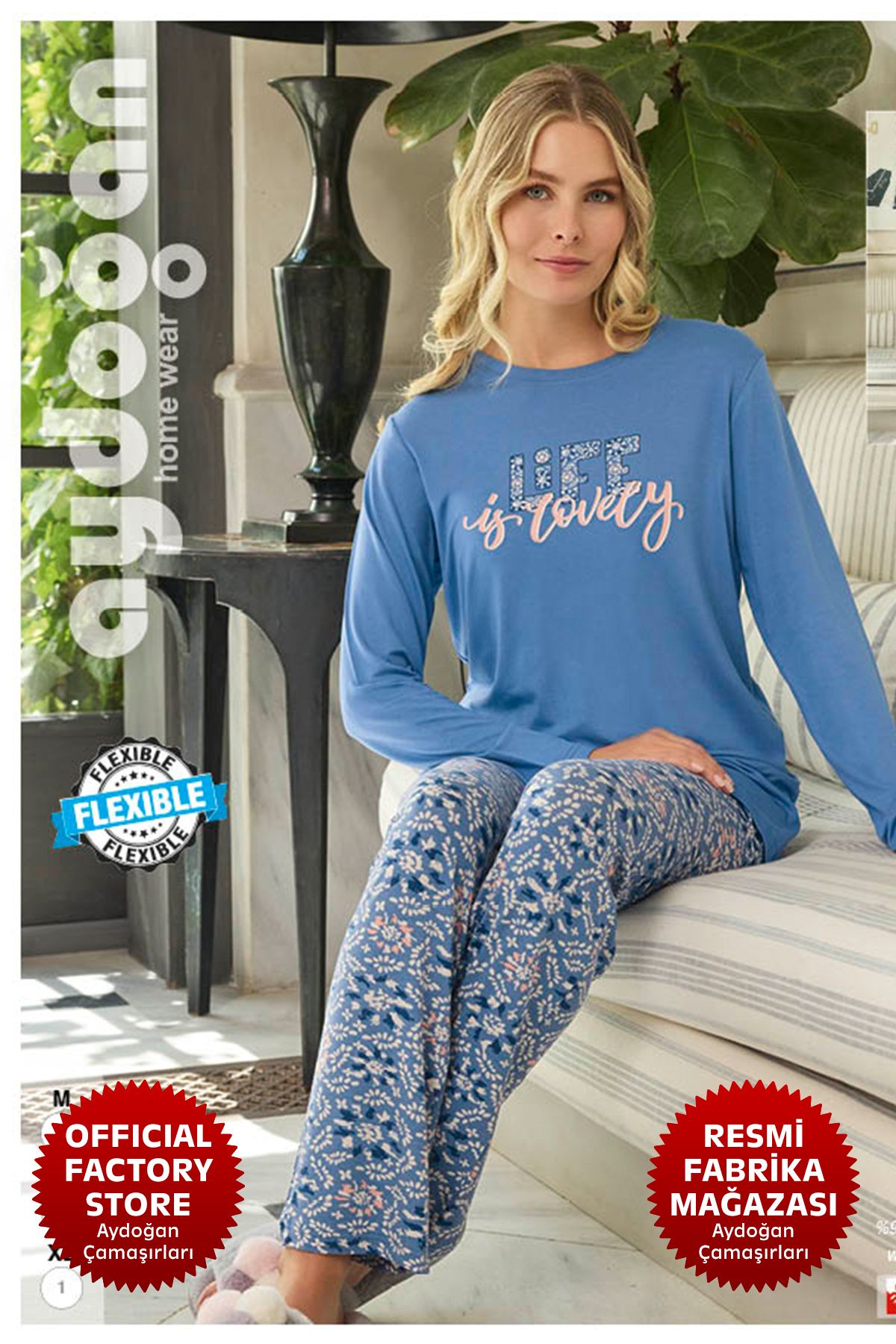 Aydoğan Blue Viscose Pajamas Set - Crew Neck, Long Sleeve B11-1 Aydogan ...