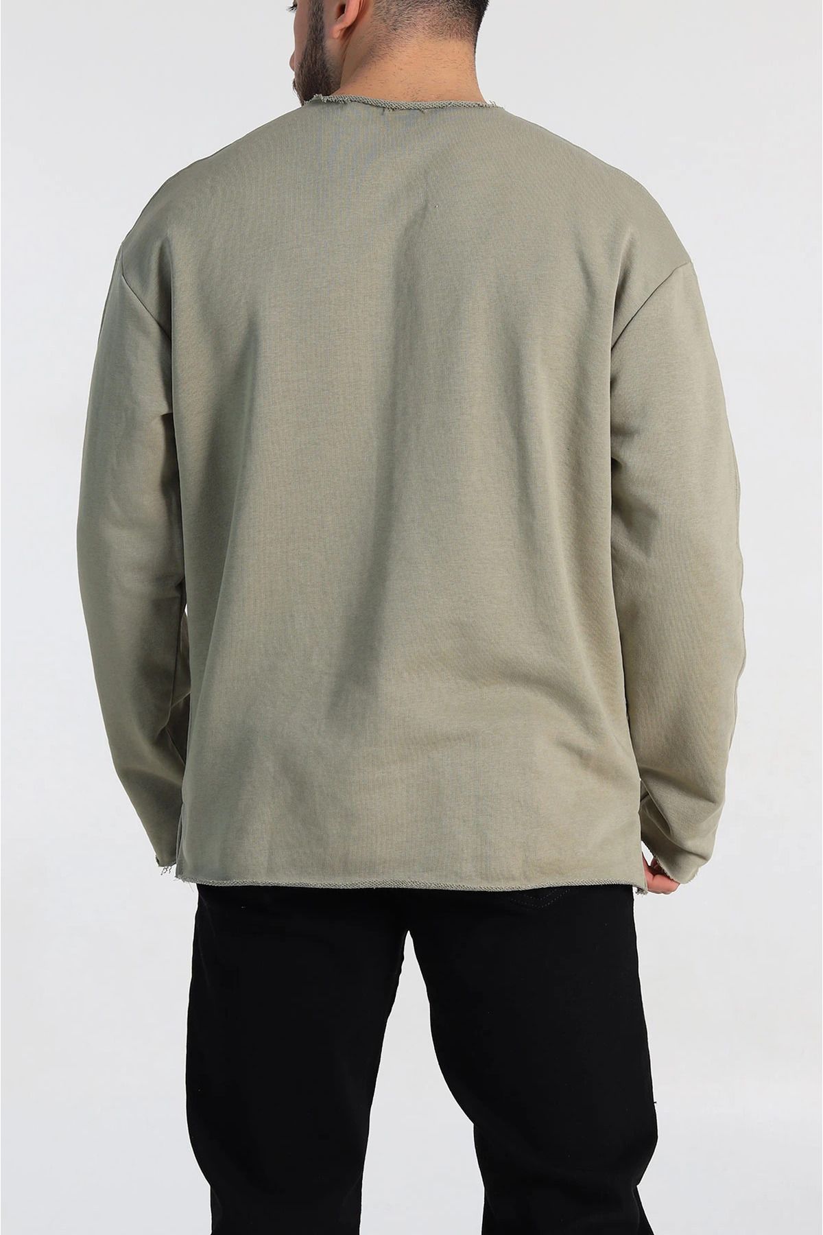 vuvutasarım-New Season Green Oversize Two Rope Rasterless Wide Ripped Collar Men's Sweatshirt 3