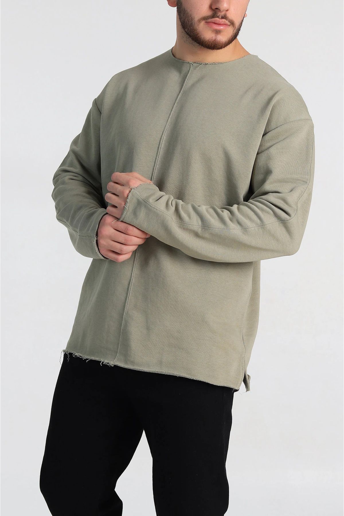 vuvutasarım-New Season Green Oversize Two Rope Rasterless Wide Ripped Collar Men's Sweatshirt 1