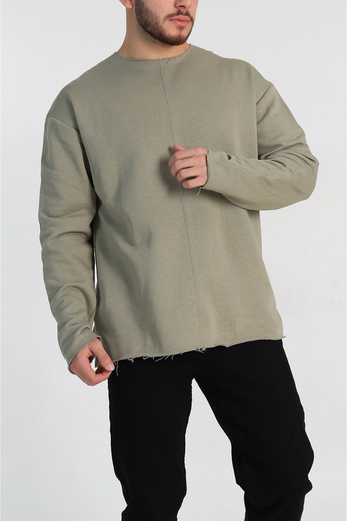 vuvutasarım-New Season Green Oversize Two Rope Rasterless Wide Ripped Collar Men's Sweatshirt 2