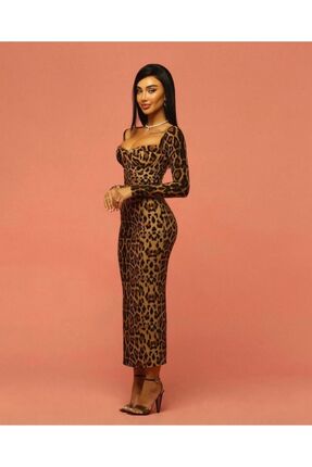 MAYHOŞ BUTİK Kadın süprem kumaş leopar elbise