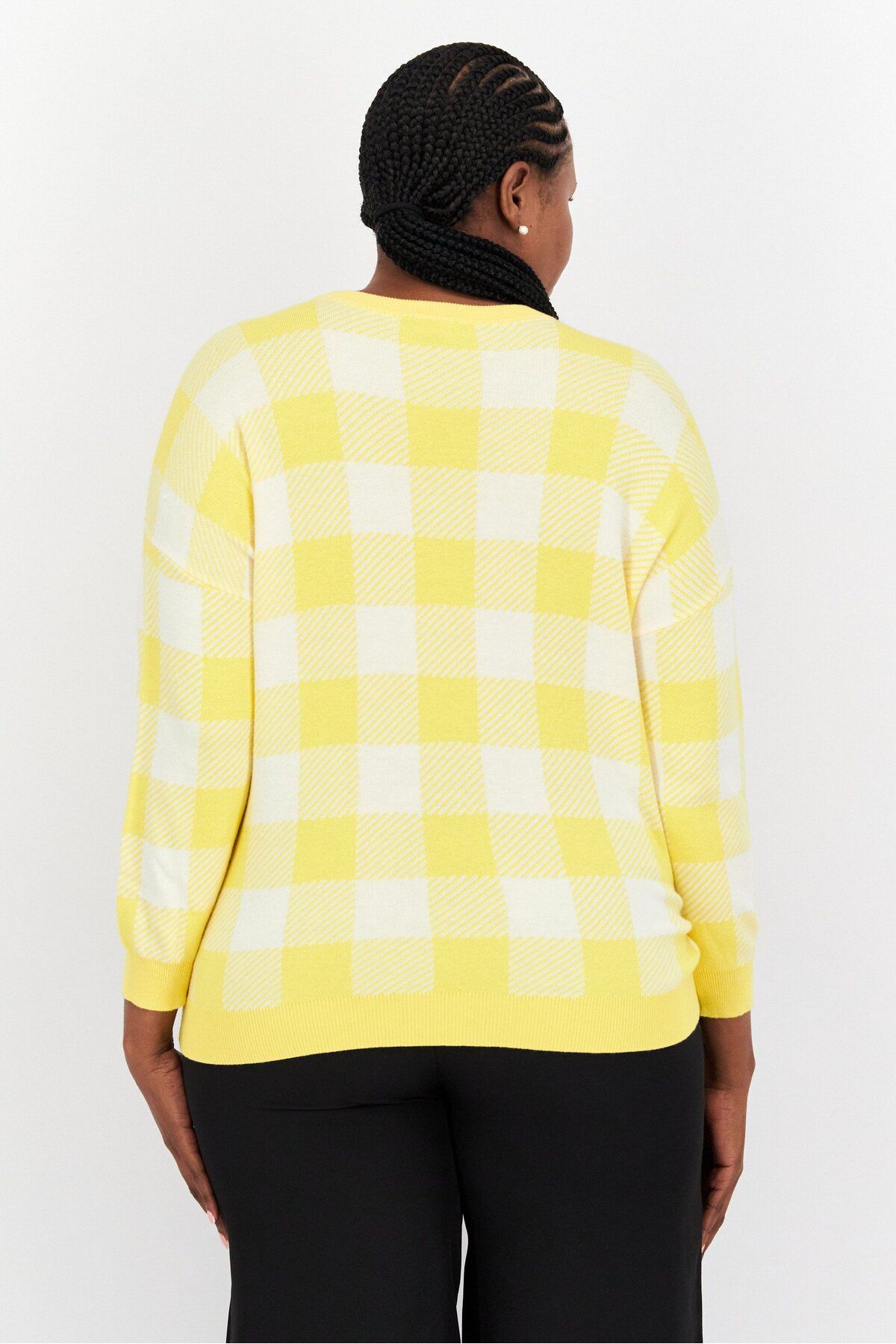 Jones of New York-Women Crew Neck Long Sleeve Checkered Sweater, Yellow 3