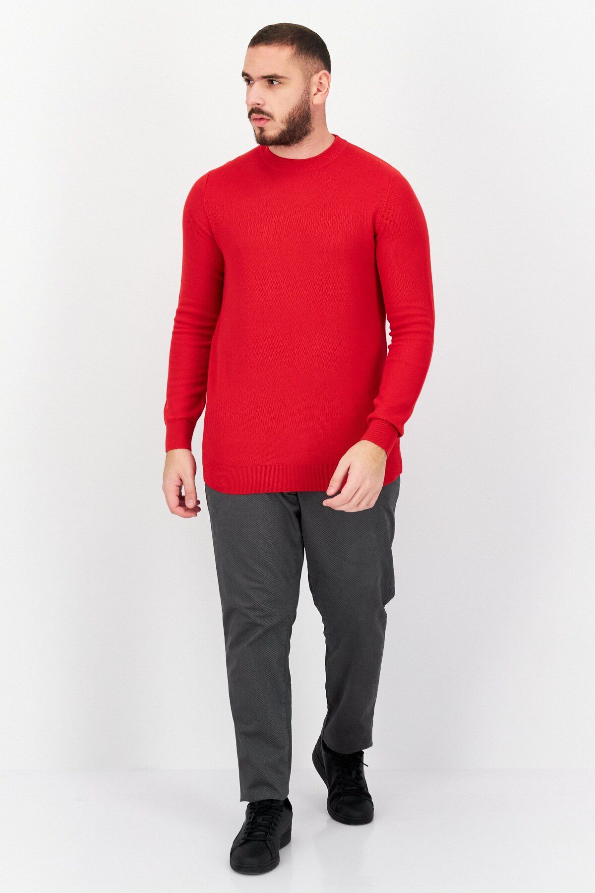 CELIO-Men Crew Neck Knitted Long Sleeves Sweater, Red 3