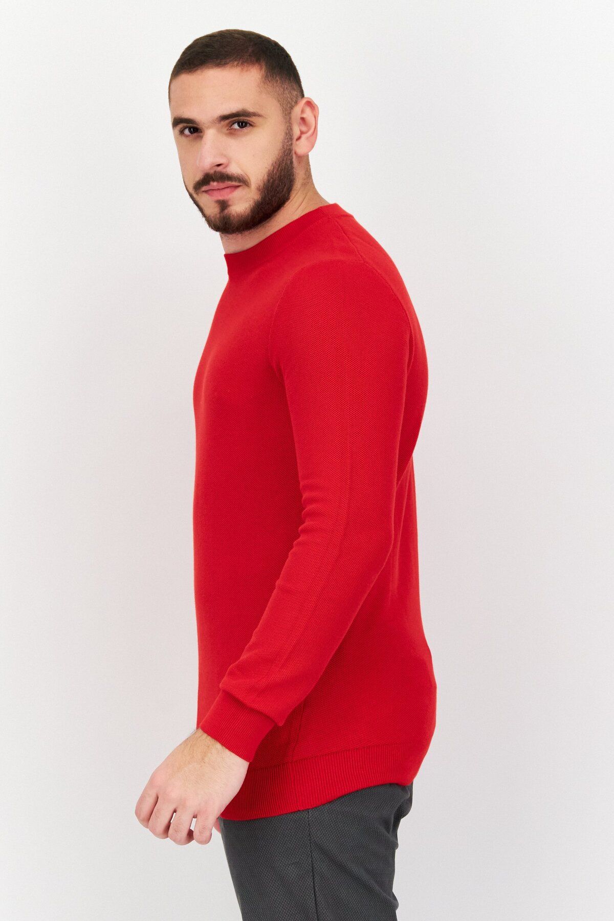 CELIO-Men Crew Neck Knitted Long Sleeves Sweater, Red 2