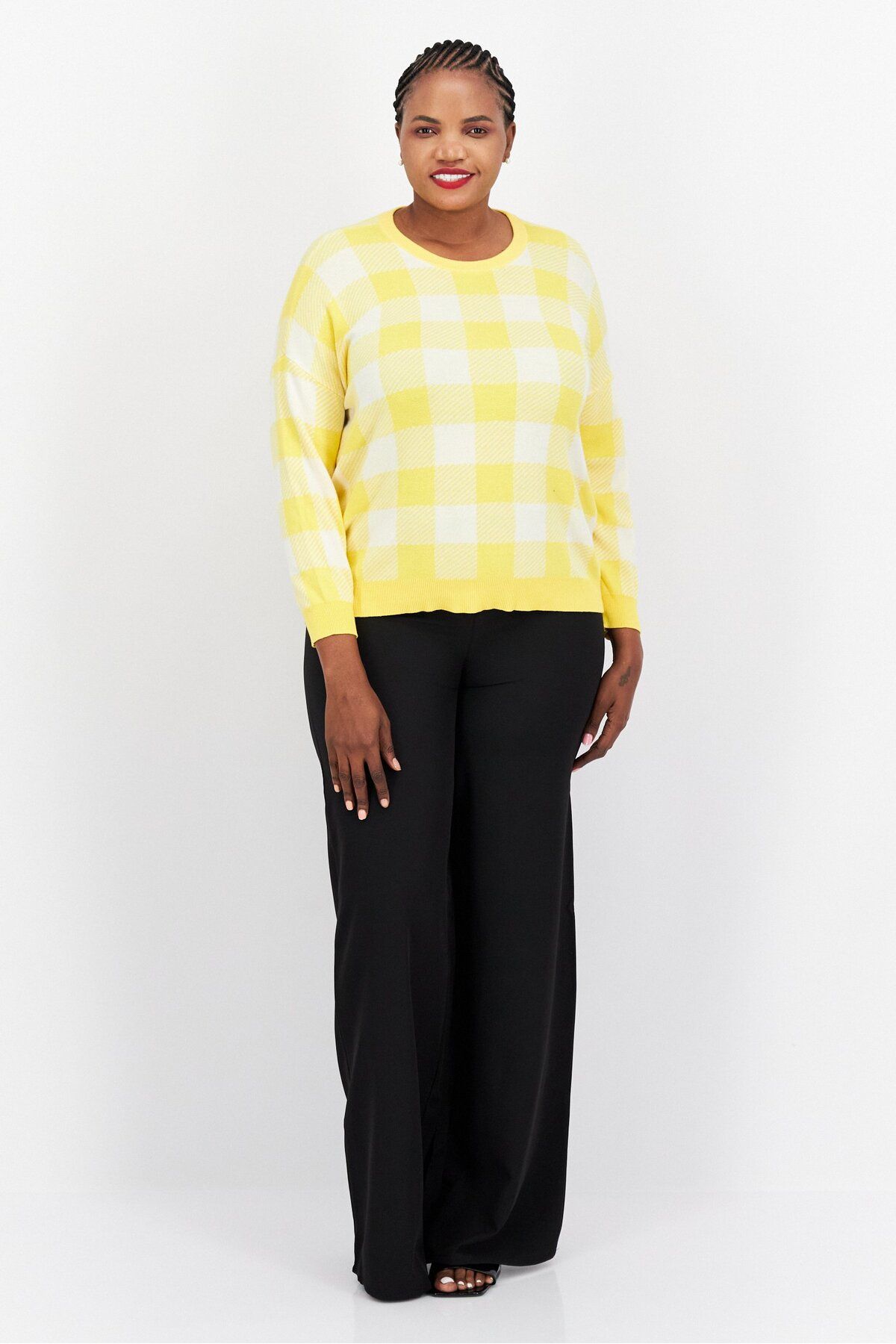 Jones of New York-Women Crew Neck Long Sleeve Checkered Sweater, Yellow 4