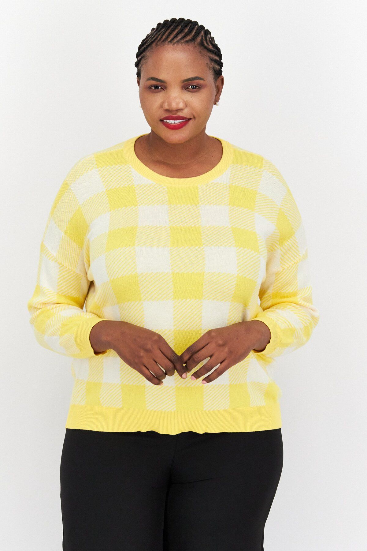 Jones of New York-Women Crew Neck Long Sleeve Checkered Sweater, Yellow 1