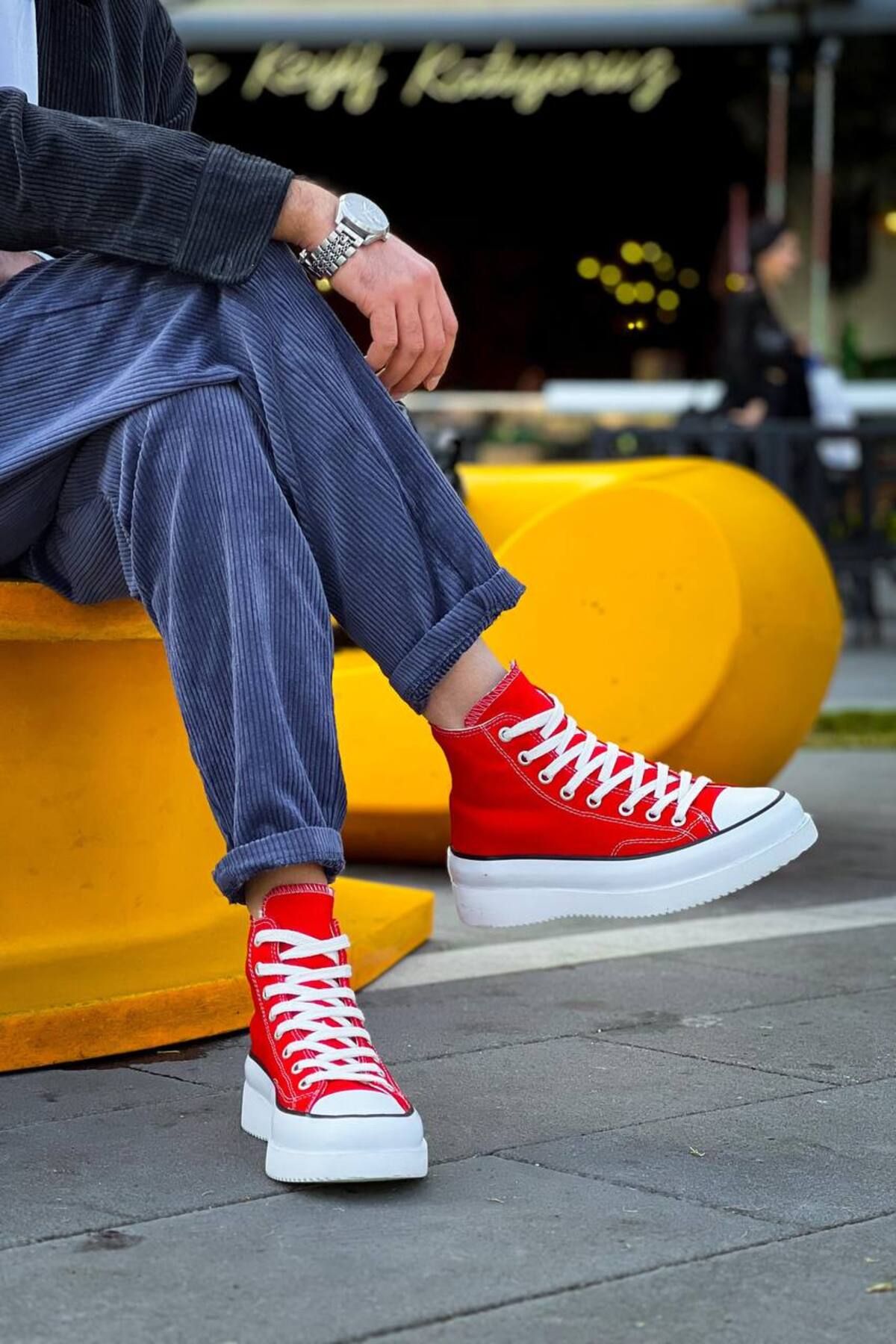 BOA-Kb-Cx-3 Tall Red Linen White High Sole Sneakers 2