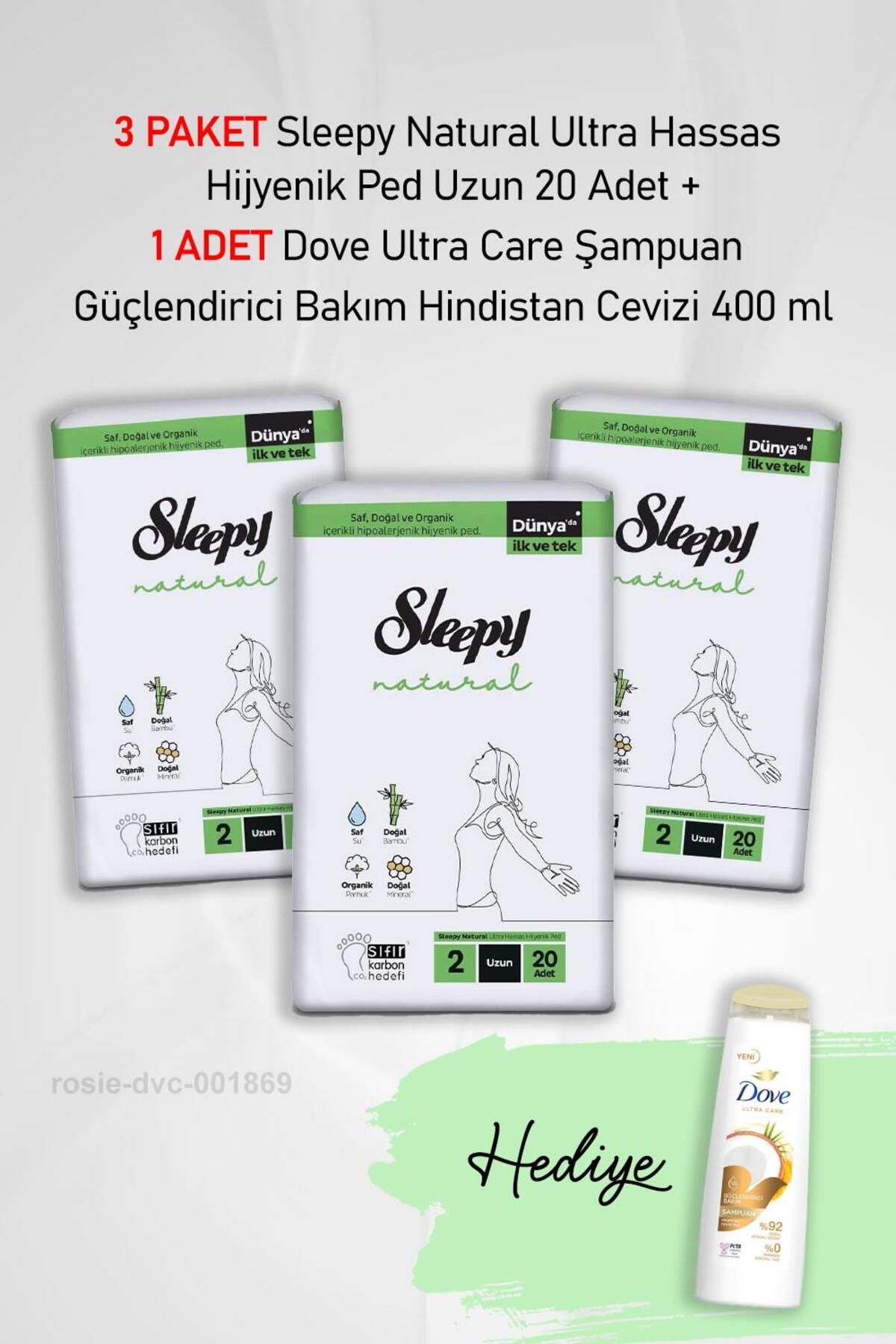 Sleepy Natural Ultra Hassas Hijyenik Ped Uzun 20 Adet X3 ve Dove Ultra Care Şampuan Güçlendirici Bak