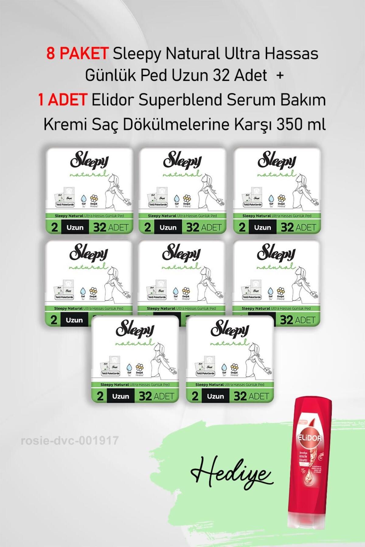 Sleepy Natural Ultra Hassas Günlük Ped Uzun 32 Adet X 8 ve Hediye Elidor 350 ml