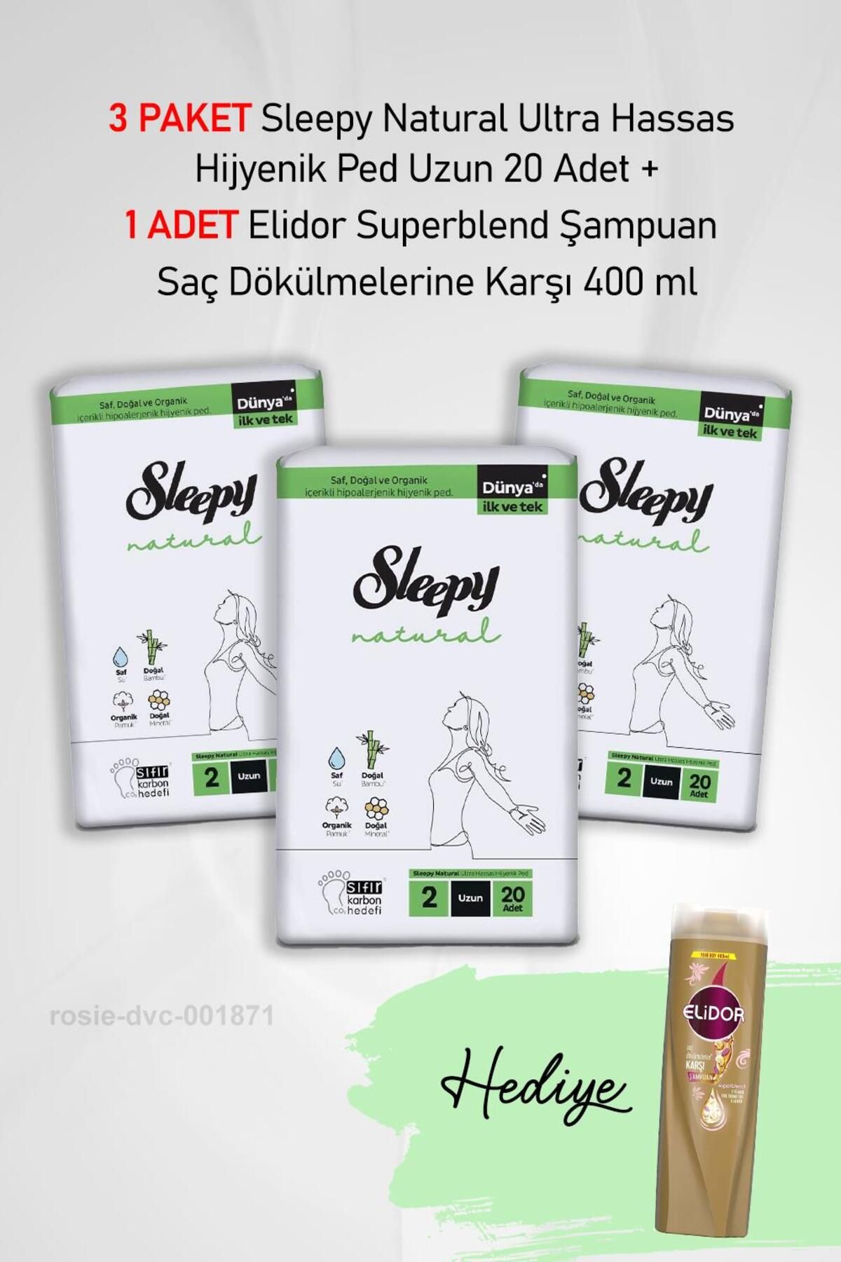 Sleepy Natural Ultra Hassas Hijyenik Ped Uzun 20 Adet X3 ve Elidor Şampuan Saç Dökülme Karşıtı 400 m