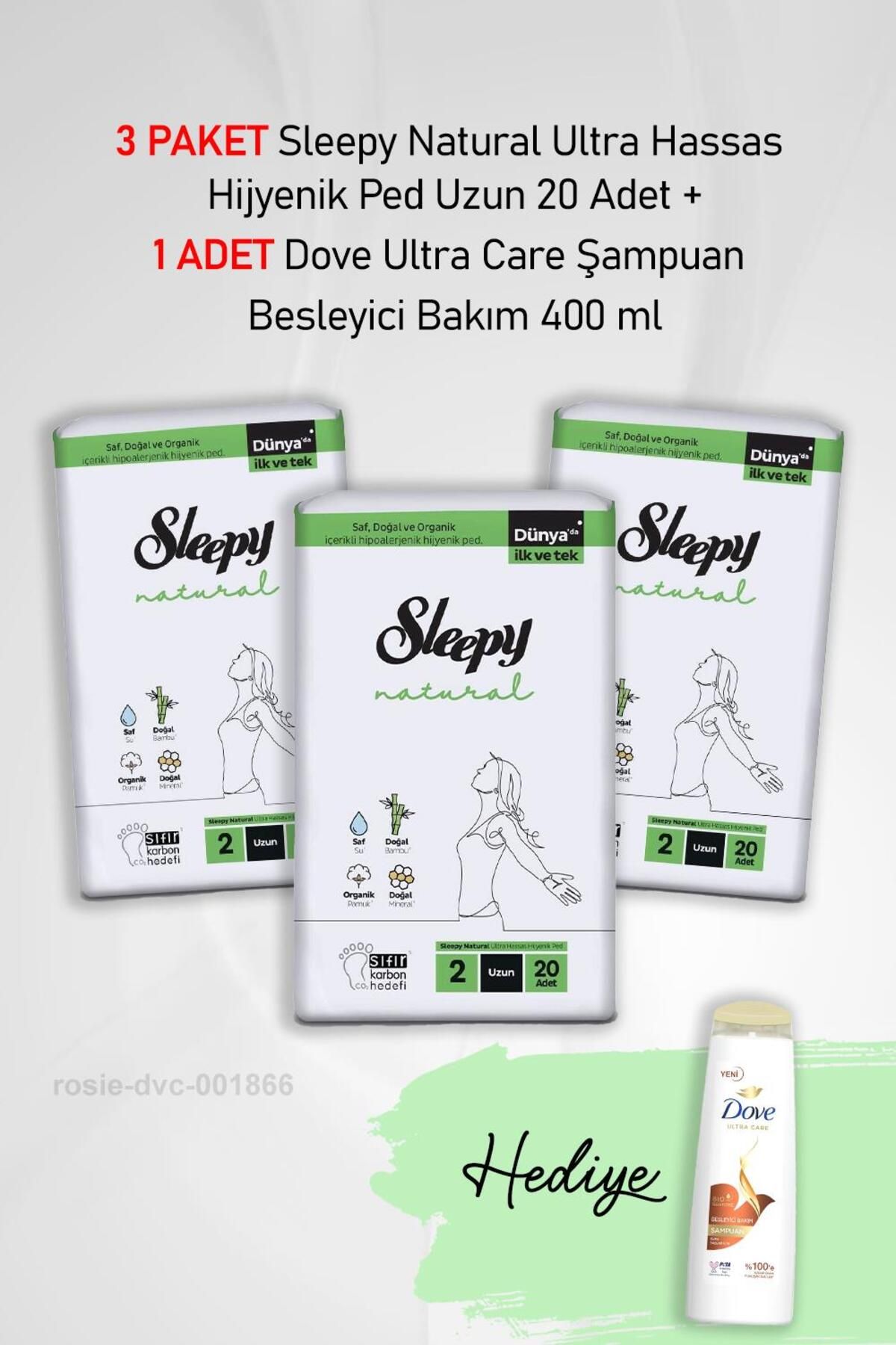 Sleepy Natural Ultra Hassas Hijyenik Ped Uzun 20 Adet X3 ve Dove Ultra Care Şampuan Besleyici Bakım