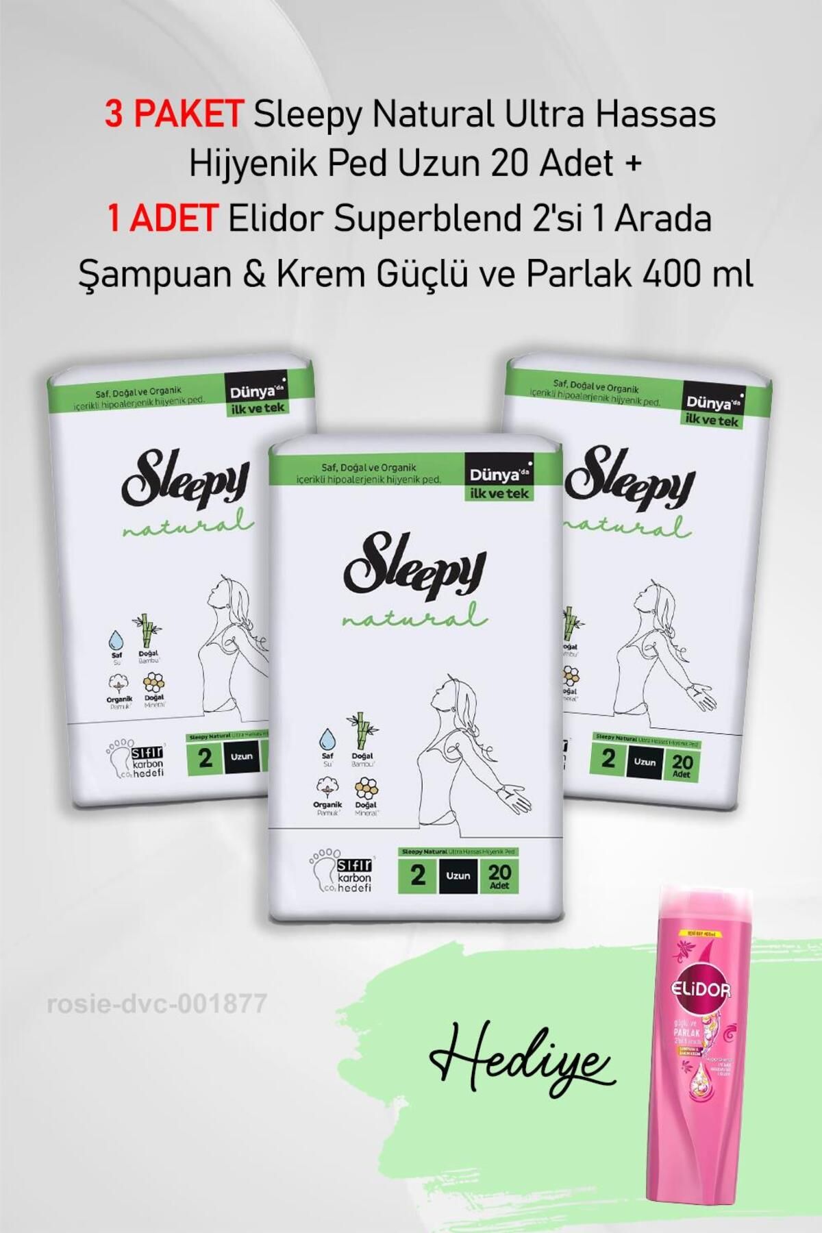 Sleepy Natural Ultra Hassas Hijyenik Ped Uzun 20 Adet X3 ve Elidor 2'si 1 Arada Şampuan 400 ml