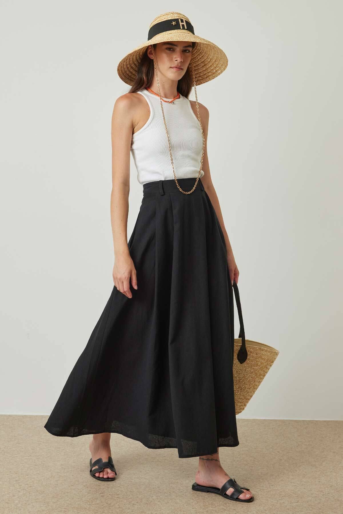 Hooopstore-Black Linen Pleated Skirt 6