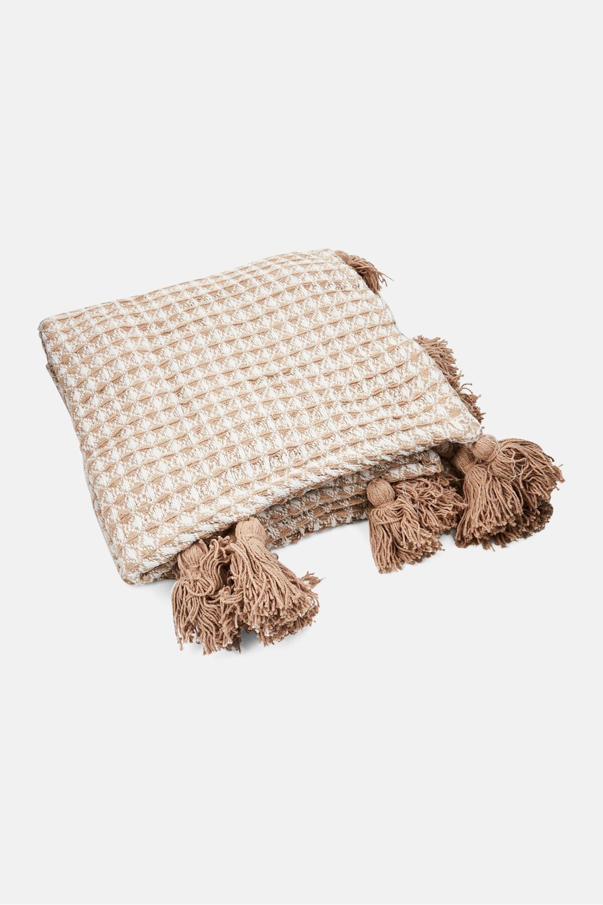 homedeco-Plaid Fringed Waffle Throw, 150 x 125 cm, Tan/White 2