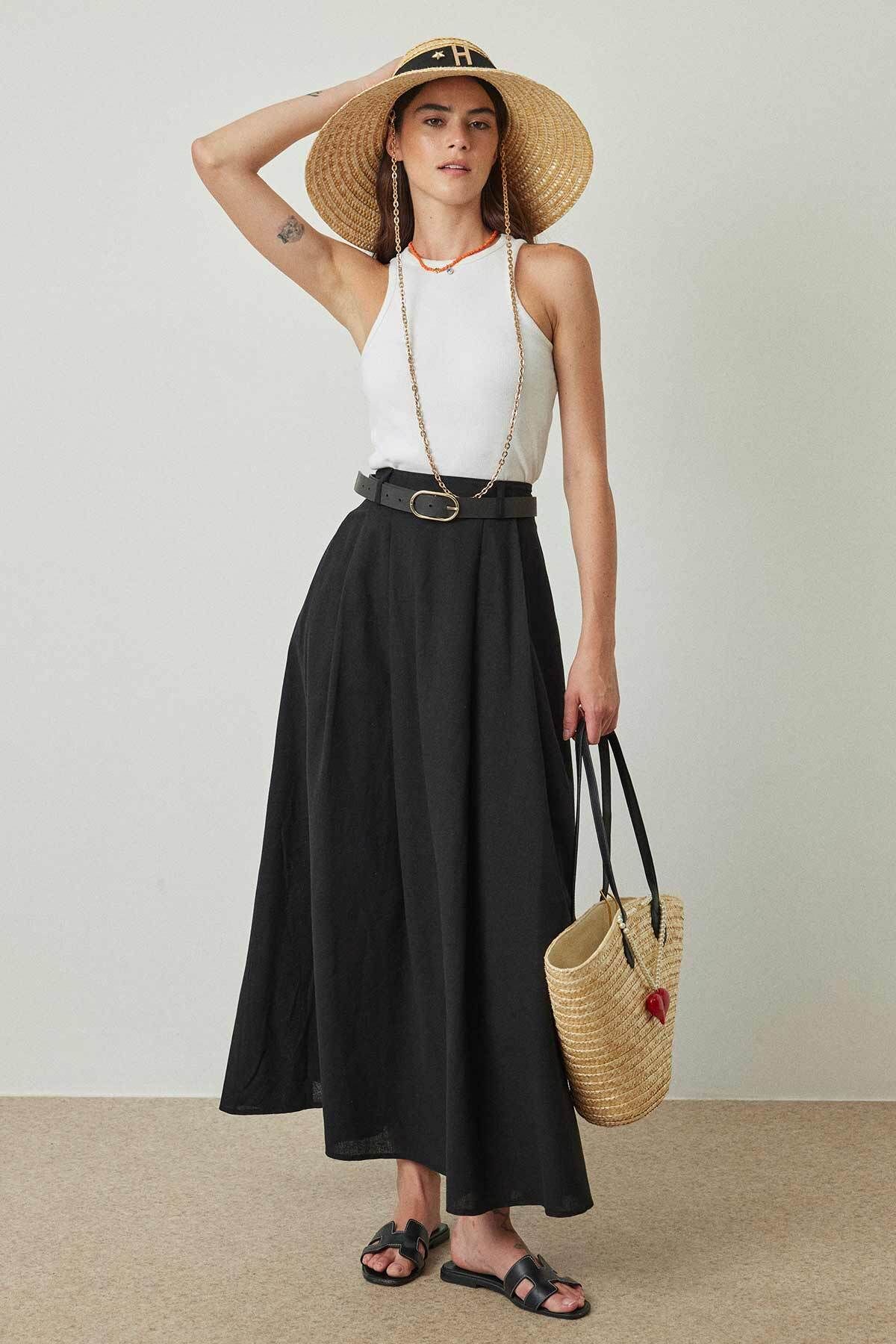 Hooopstore-Black Linen Pleated Skirt 1