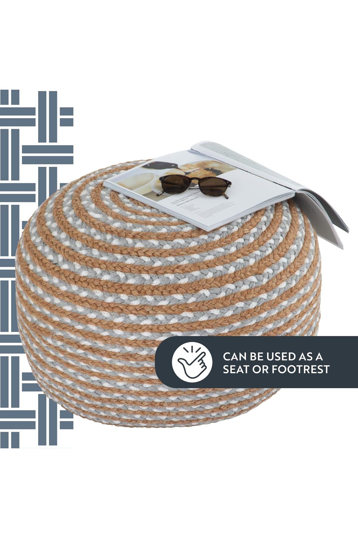 dekorist-Runder osmanischer Pouf Fußhocker Jute Pouffe Hocker Sitzkissen Boho Home Decor Extra Sitzgelegenheit P 4