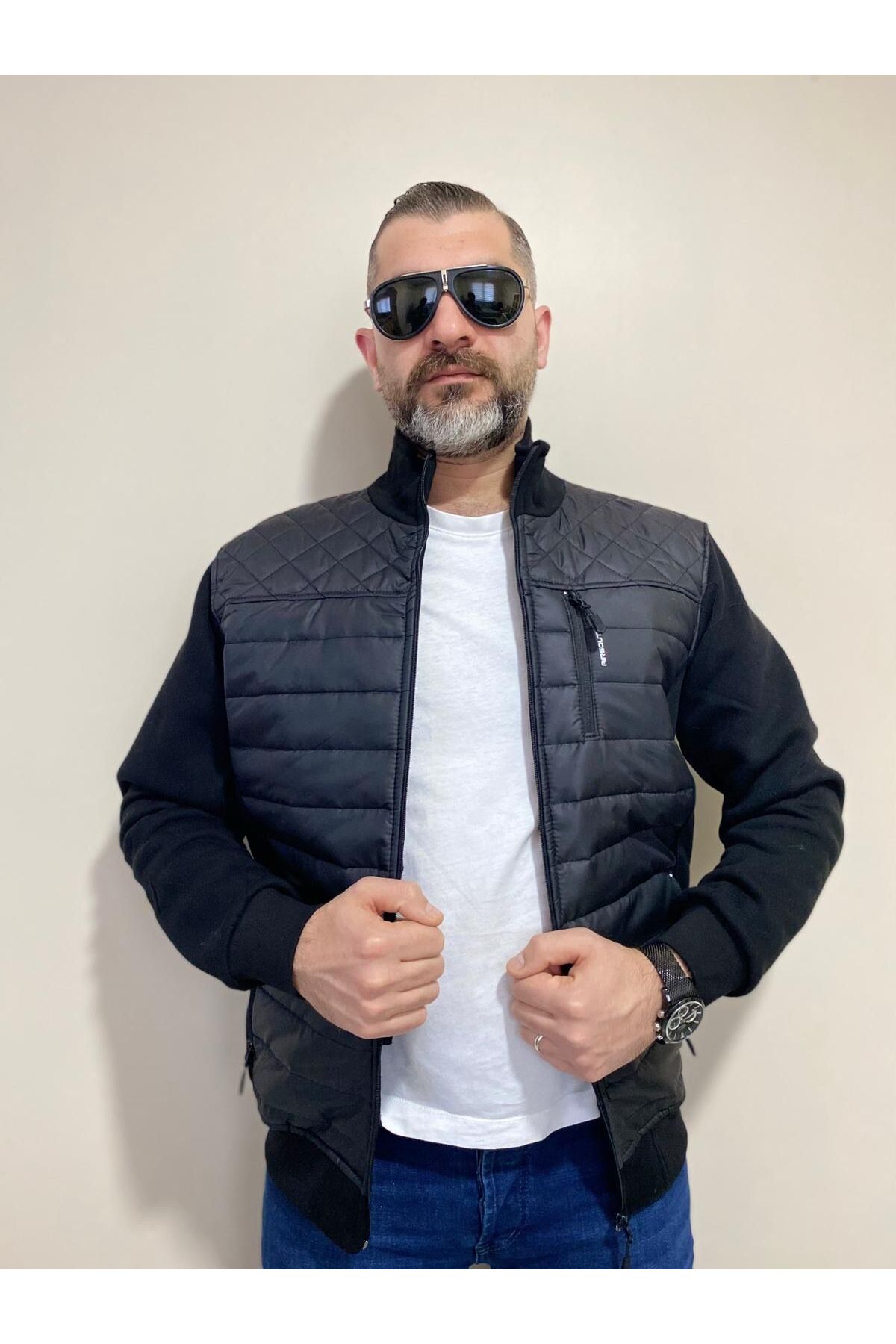 Balıkçı Yaka Önü Kapitoneli Fermuarlı Üç İplik Ceket & Mont — مشکی BNS0000151 — تصویر 3 از 7