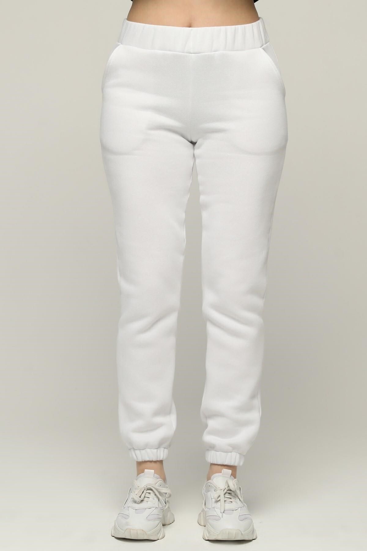 Seamoda-Λευκό 3 Thread Riser Jogger Sweatpants - Plus Size, Ελαστική μέση και πόδια 5