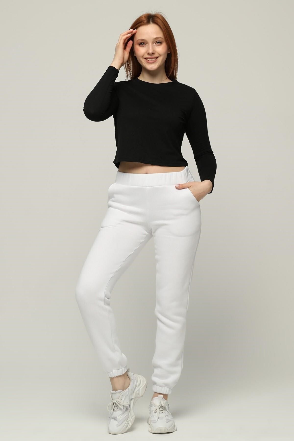 Seamoda-Λευκό 3 Thread Riser Jogger Sweatpants - Plus Size, Ελαστική μέση και πόδια 4