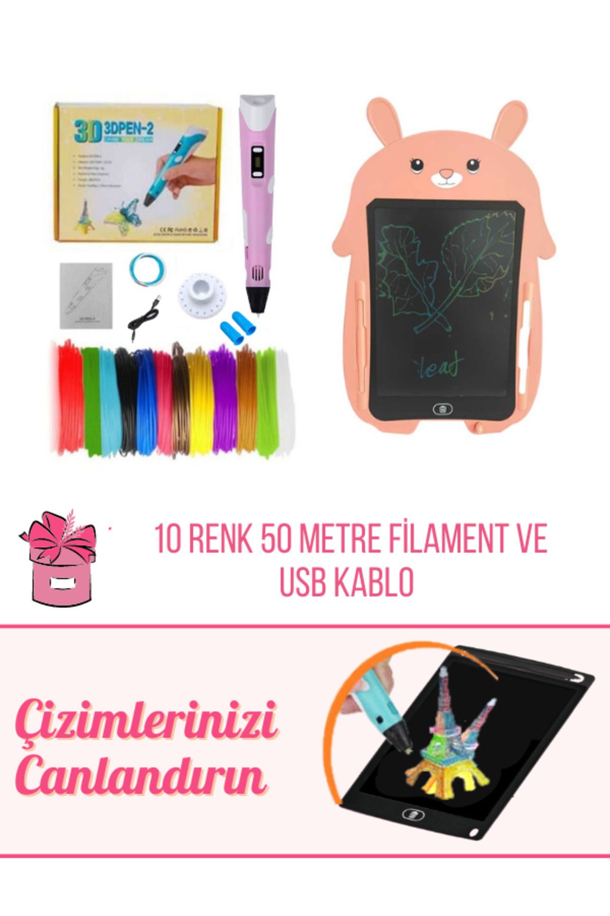 ORH Pembe Tavşan Grafik Tablet Ve 3d Kalem 3d Pen Usb Kablolu Üç Boyutlu Yazıcı Kalem Printer Set