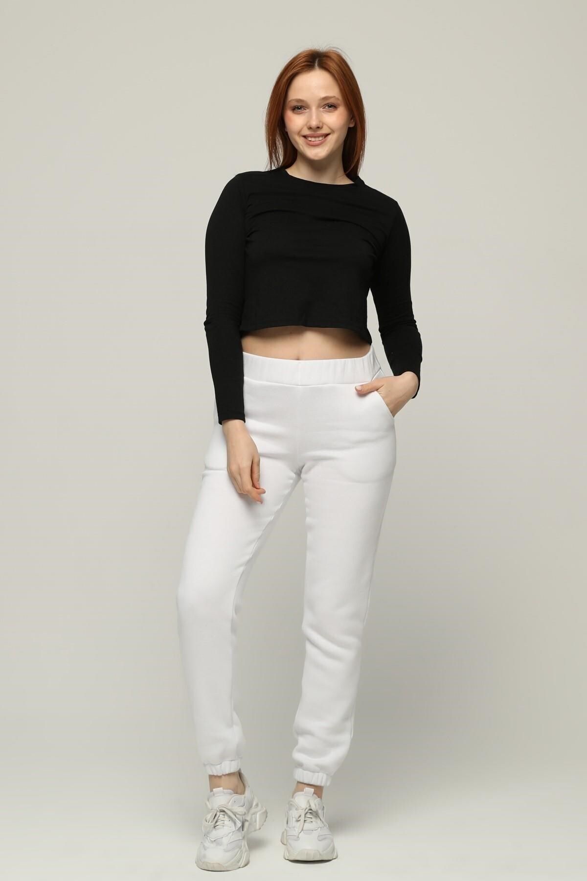 Seamoda-Λευκό 3 Thread Riser Jogger Sweatpants - Plus Size, Ελαστική μέση και πόδια 3