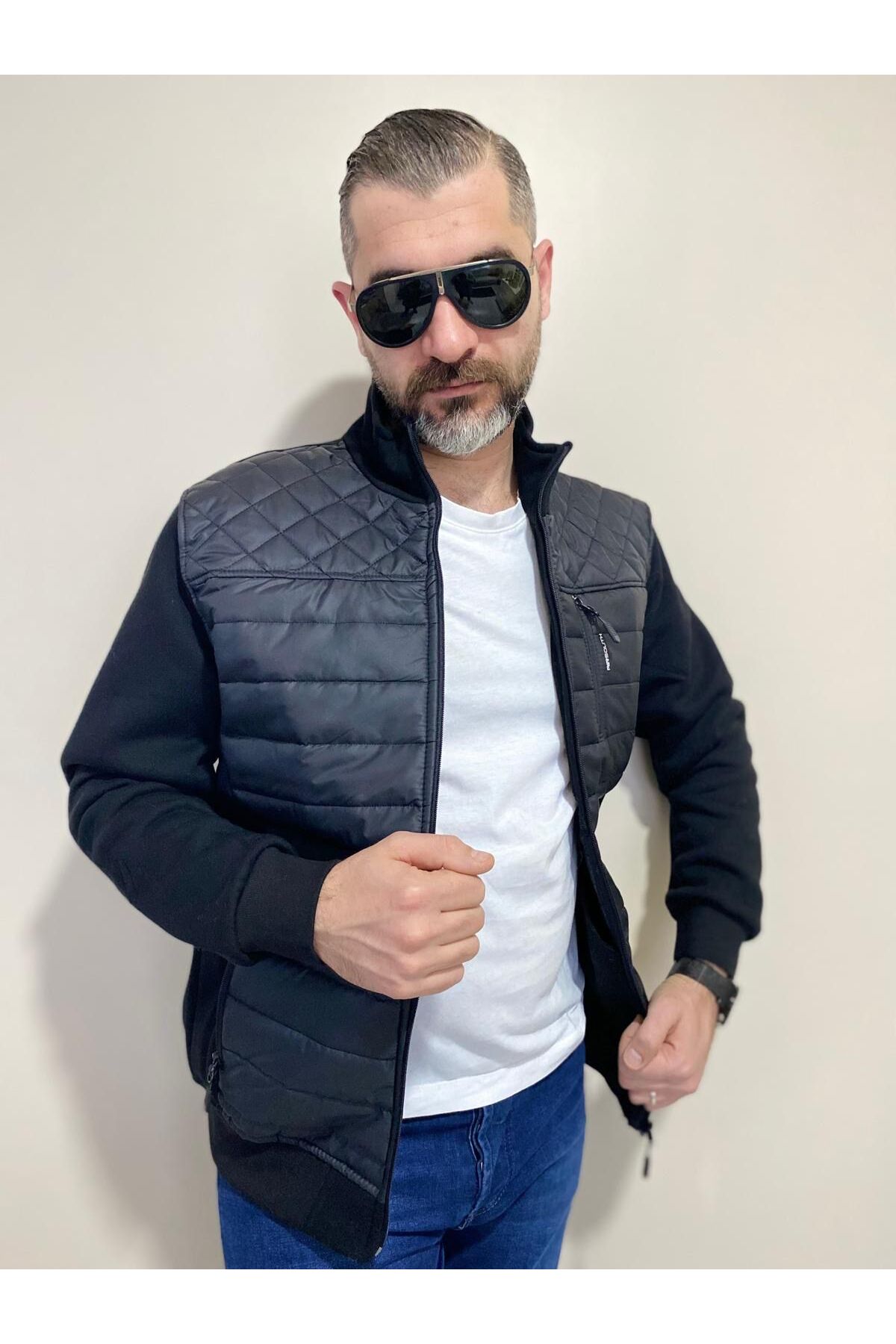 Balıkçı Yaka Önü Kapitoneli Fermuarlı Üç İplik Ceket & Mont — مشکی BNS0000151