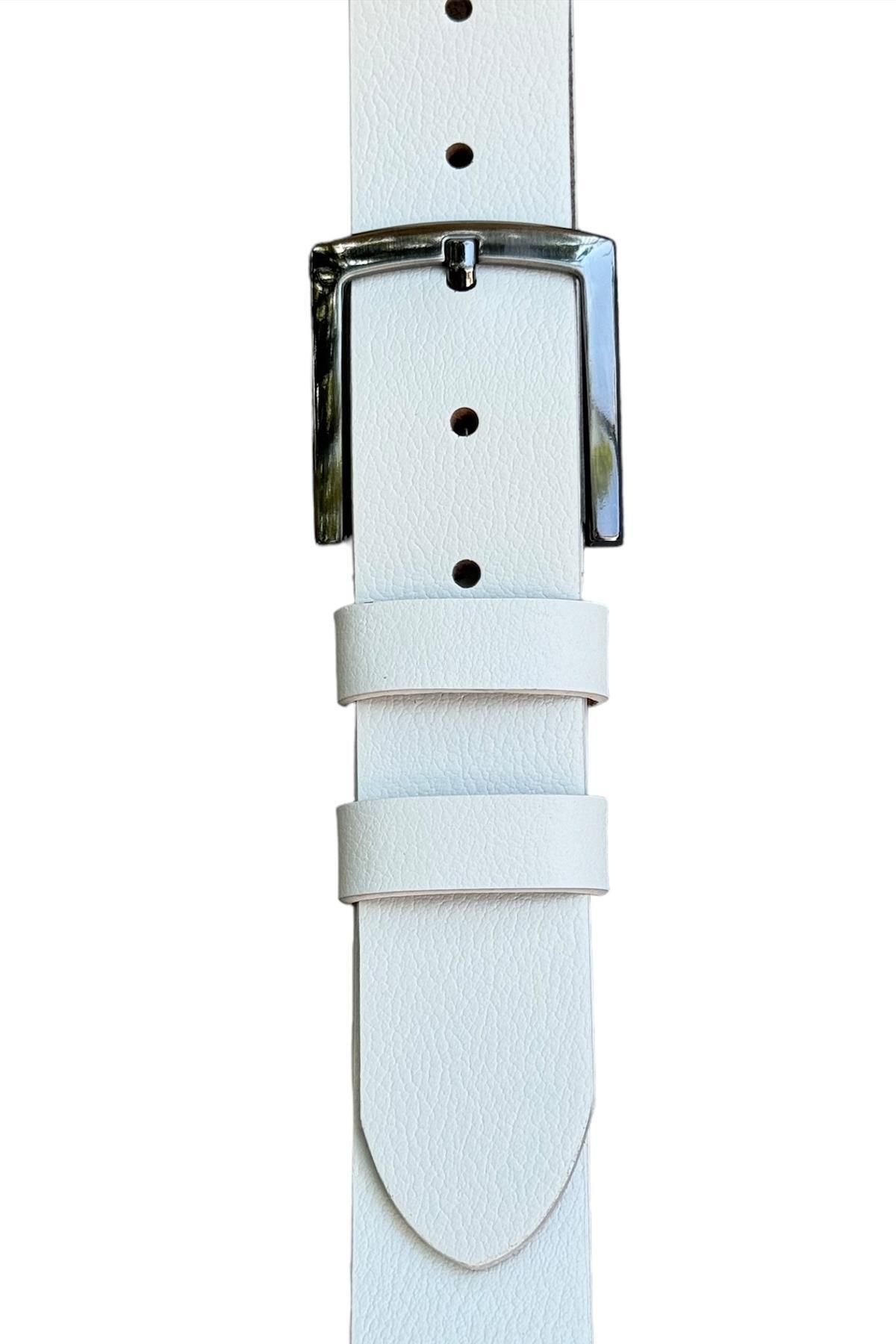 Süzer Deri-4 cm White Genuine Leather Vein Patterned Sports Belt - 416-Plain 4