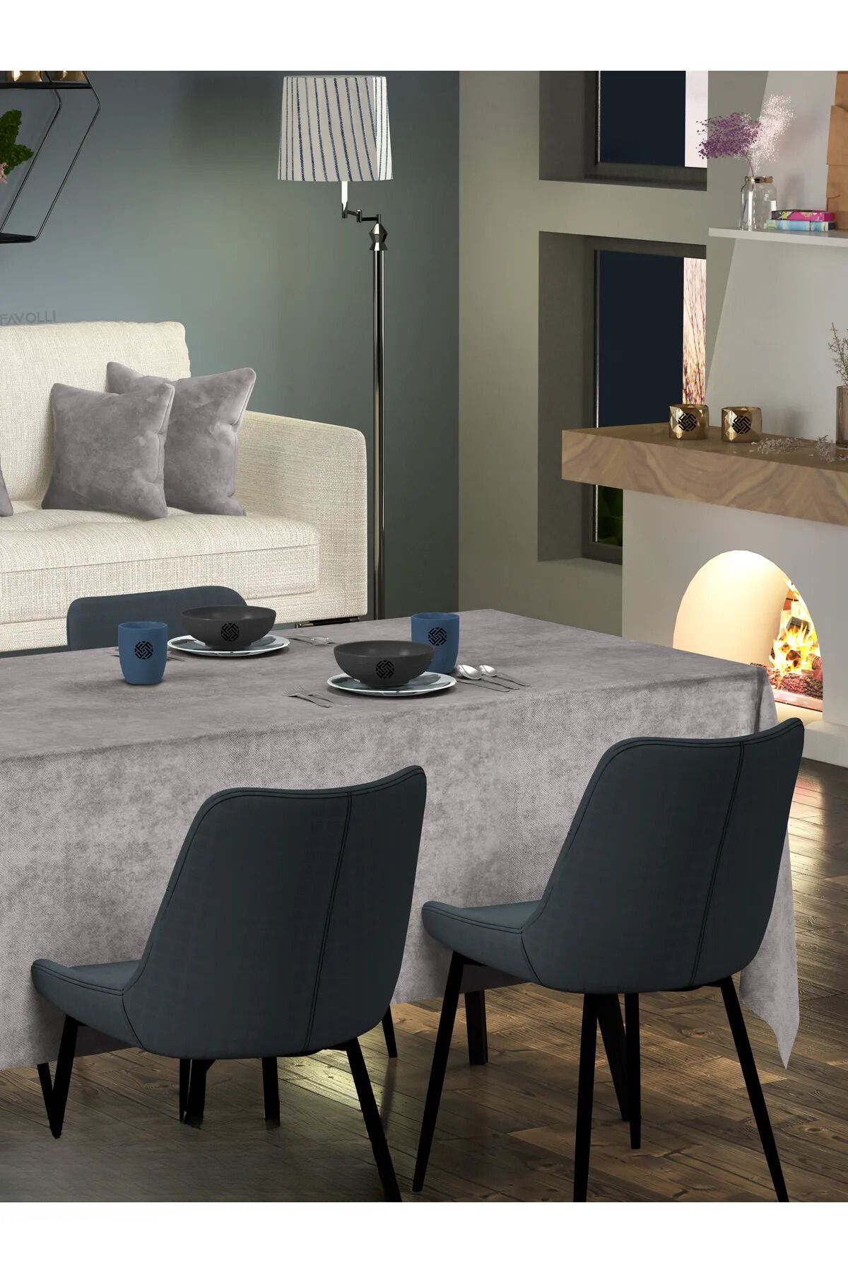 Sima Home-Velvet Textured Gray Tablecloth 3