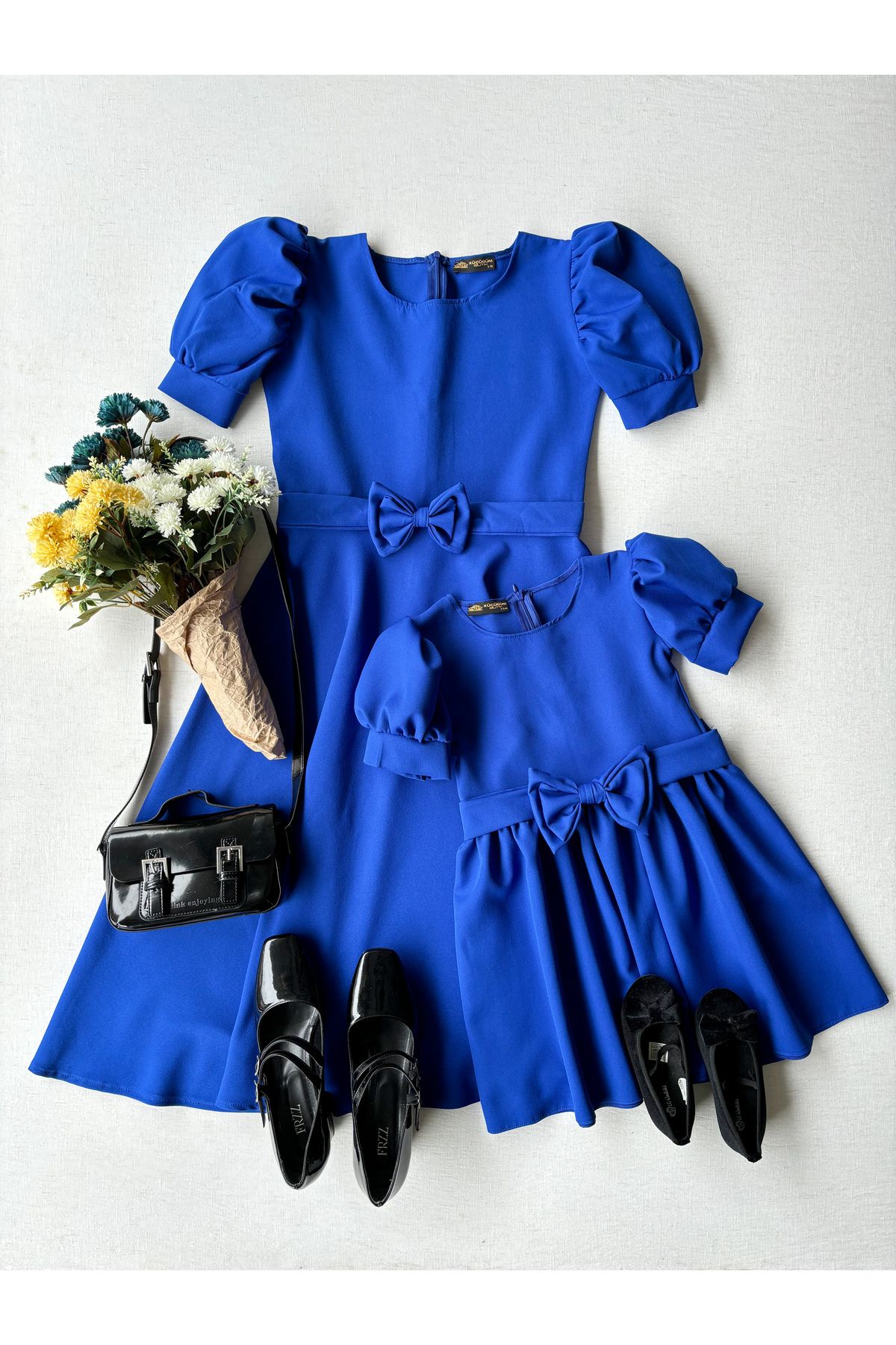 KÜÇÜĞÜM BUTİK-Saks Blue Watermelon Sleeve Crepe Midi Size Flared Mother-Daughter Combination (ΠΩΛΕΙΤΑΙ ΜΟΝΟ) 4