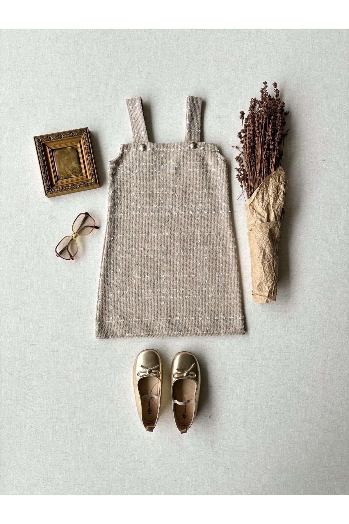 KÜÇÜĞÜM BUTİK Bej Kız Çocuk Tüvit Jile Elbise fotoğrafı 2 (önizleme)