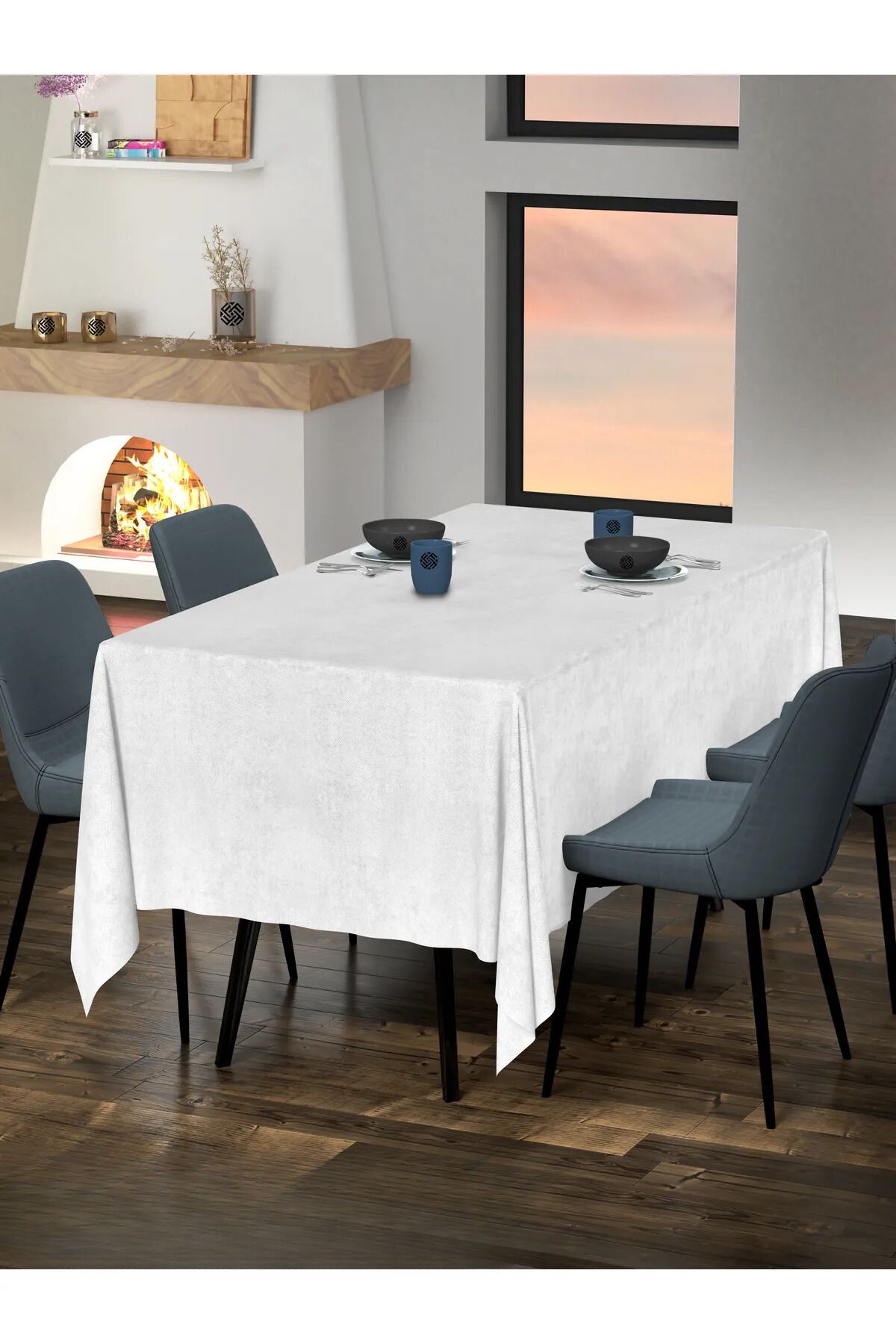 Sima Home-Velvet Textured White Tablecloth 2