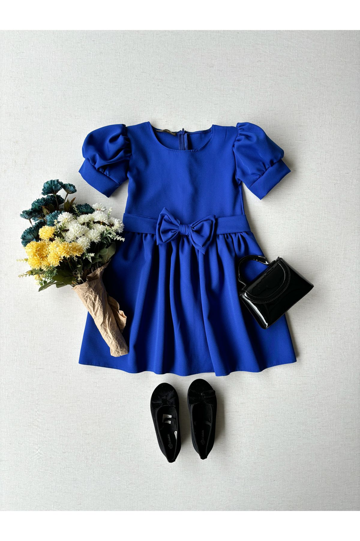 KÜÇÜĞÜM BUTİK-Saks Blue Watermelon Sleeve Crepe Midi Size Flared Mother-Daughter Combination (ΠΩΛΕΙΤΑΙ ΜΟΝΟ) 3