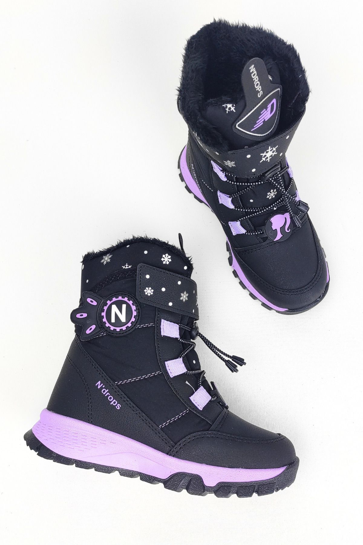 Zerenyus-Winters Thermal Wool Girl's Velcro Black Purple Snow Boots 6