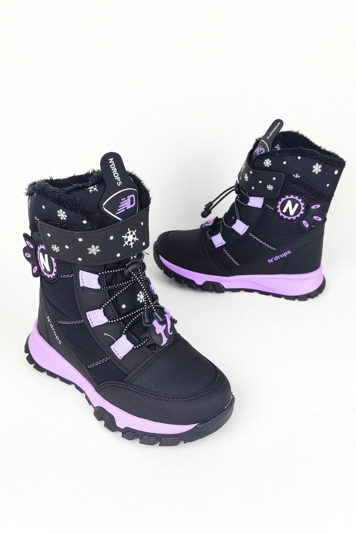 Zerenyus-Winters Thermal Wool Girl's Velcro Black Purple Snow Boots 4