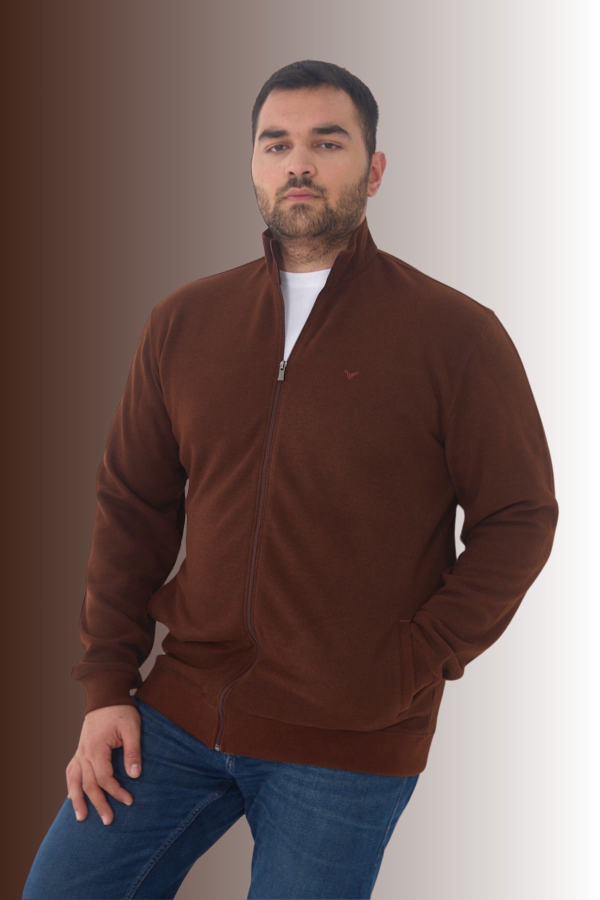 Maccali-Men's Large Size Zip-Up Cardigan Oversized Dark Brown Sweatshirt 1