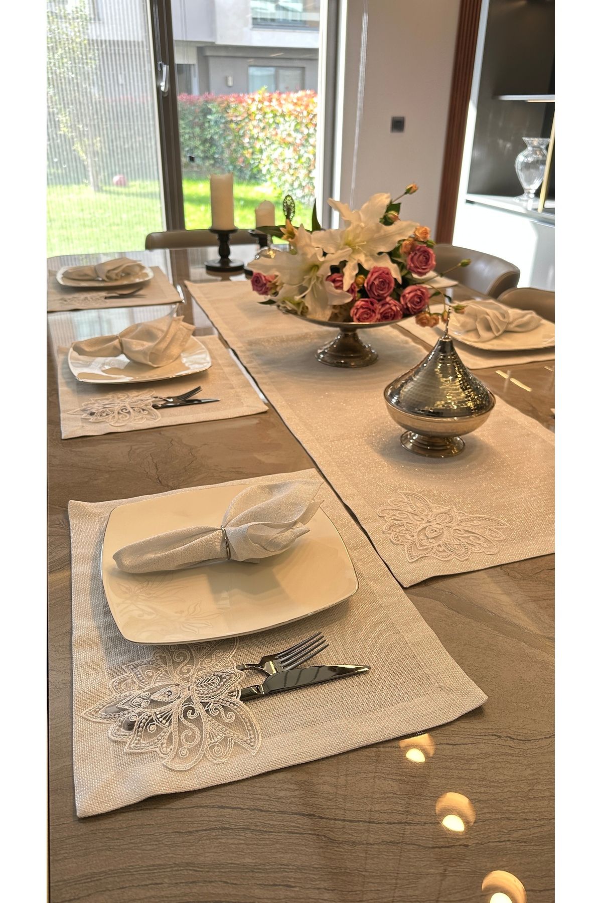 Decamor home-White Linen Textured - Silver Lurex French Lace Serving and Napkin Set for 6 5