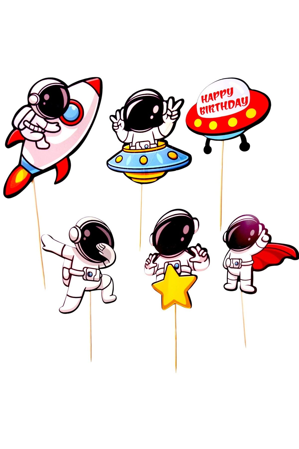 booddie-Space Themed Birthday Cupcake - Astronaut and Shuttle Pattern, 6-Piece Cake Toothpick Ornament 4