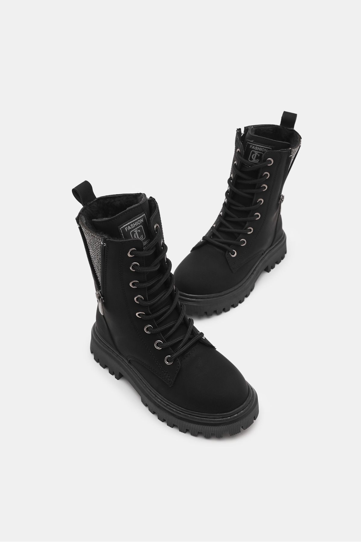 Tonny Black-Girl's Black Matte Thermo Sole Side Zipper Stone Detailed Lace up and Zippered Boots 3