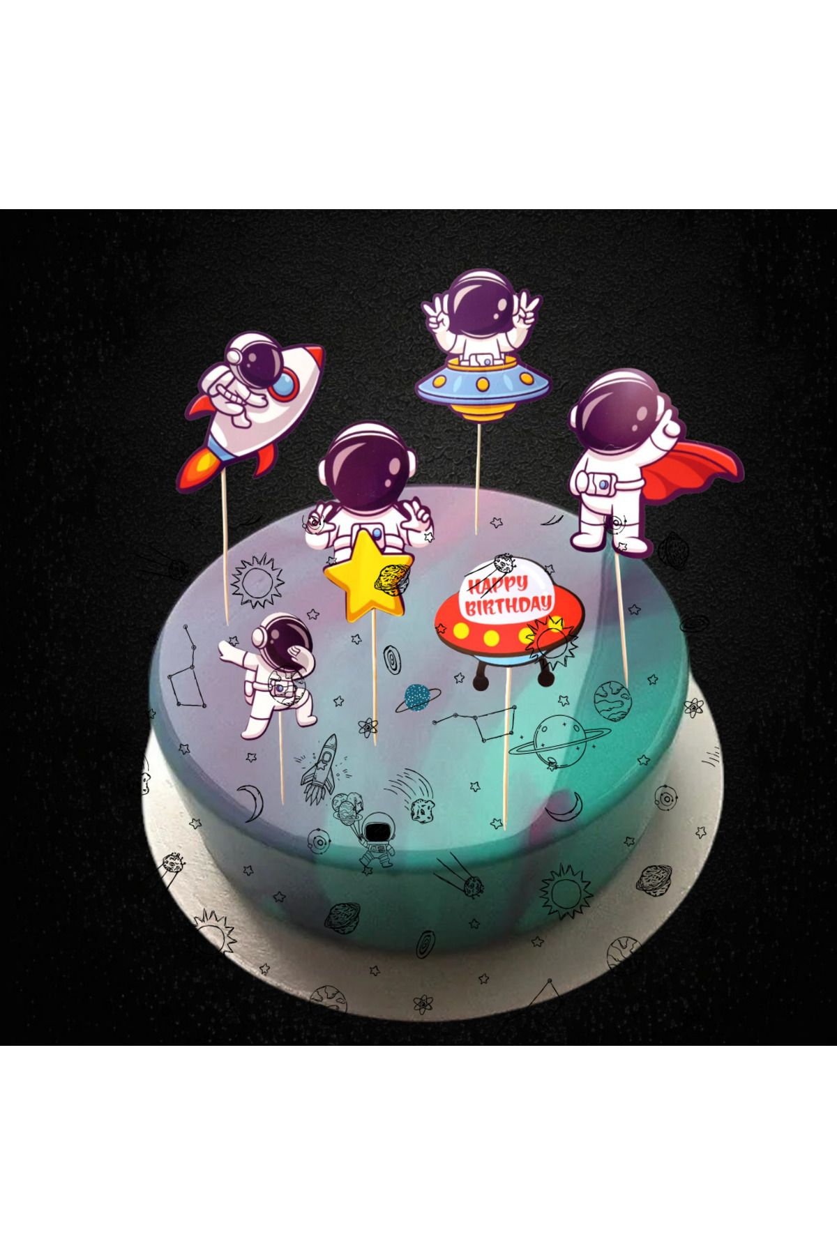 booddie-Space Themed Birthday Cupcake - Astronaut and Shuttle Pattern, 6-Piece Cake Toothpick Ornament 2