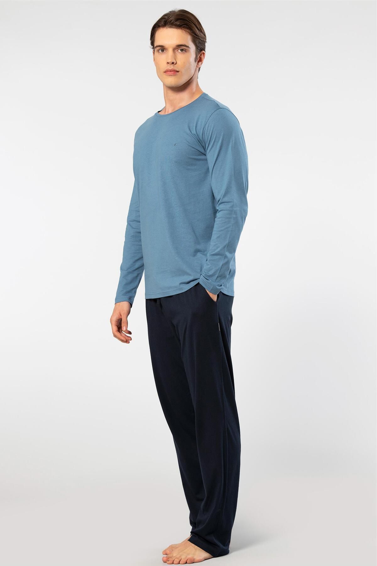 Cacharel-Men's Round Neck Pajamas Set - 50% Modal and 50% Cotton, with Pockets 1