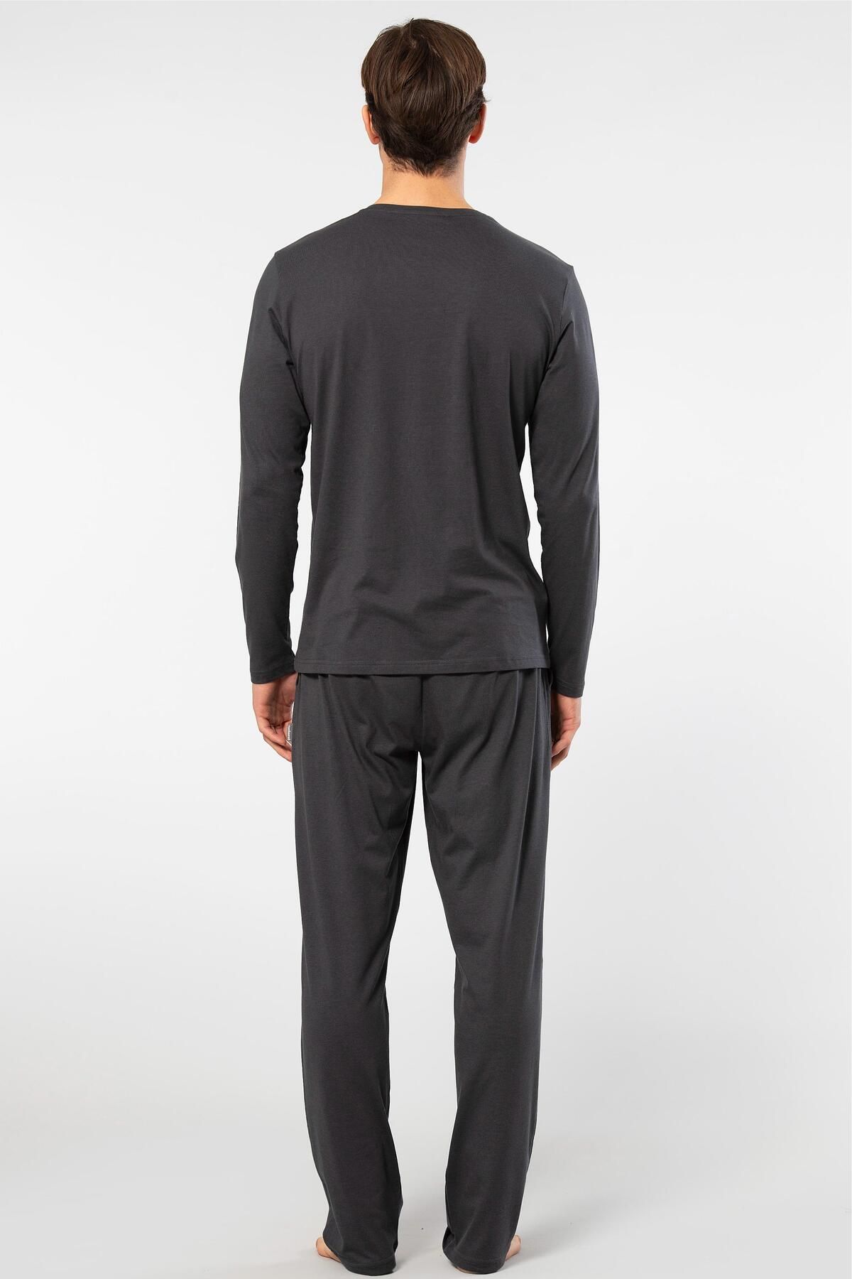 Cacharel-Men's Round Neck Pajamas Set - 50% Modal and 50% Cotton, with Pockets 2