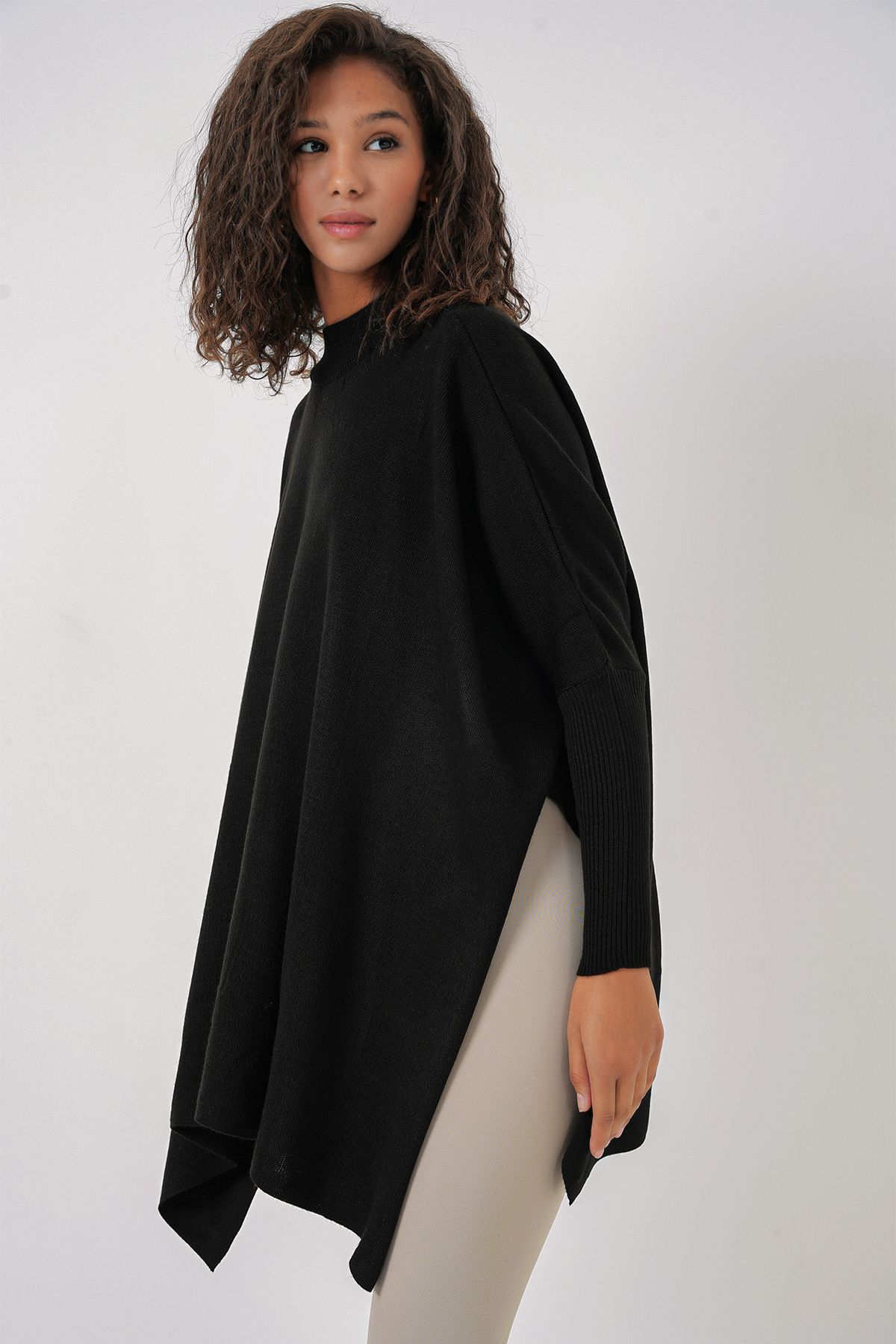 Bigdart-15783 Slit Poncho Sweater - Black 4