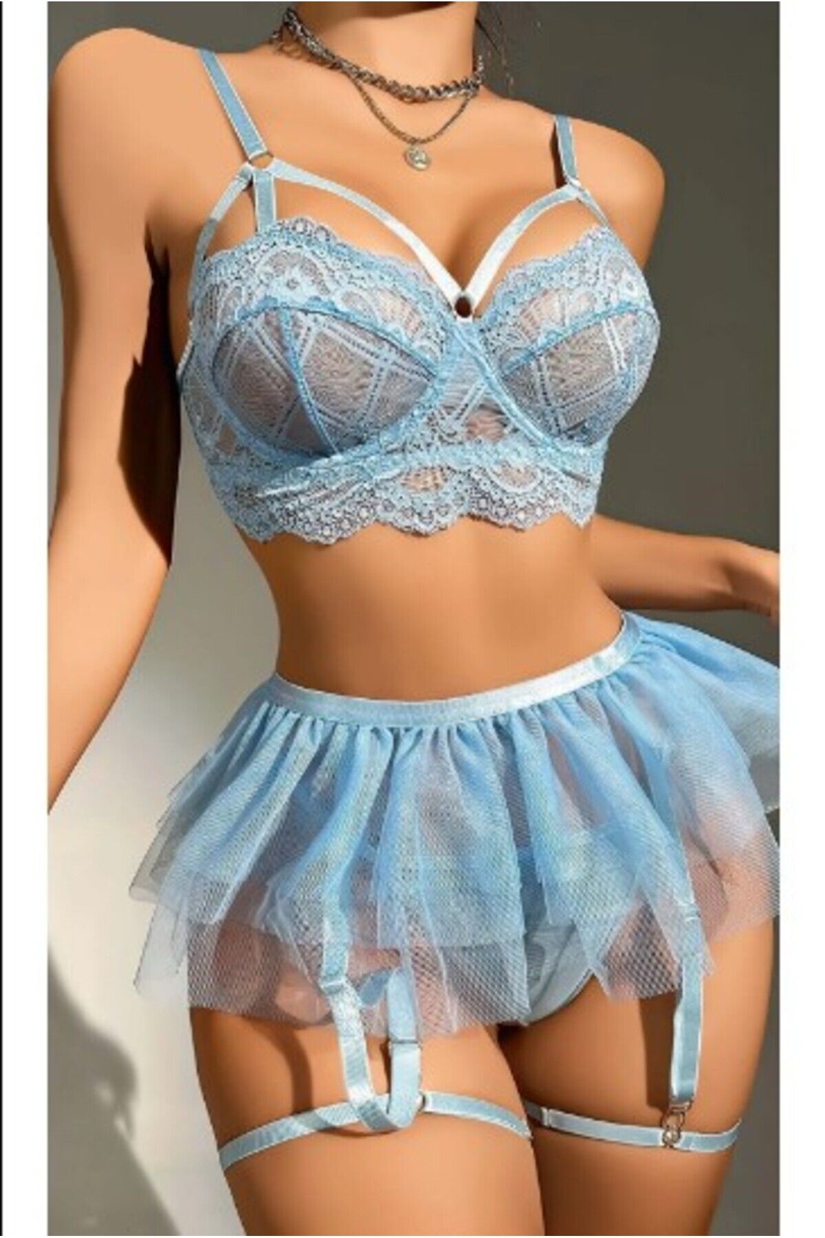 GİYİMX-Women's Blue Chest Rope Detailed Bralet Skirt Fancy Underwear Set 4