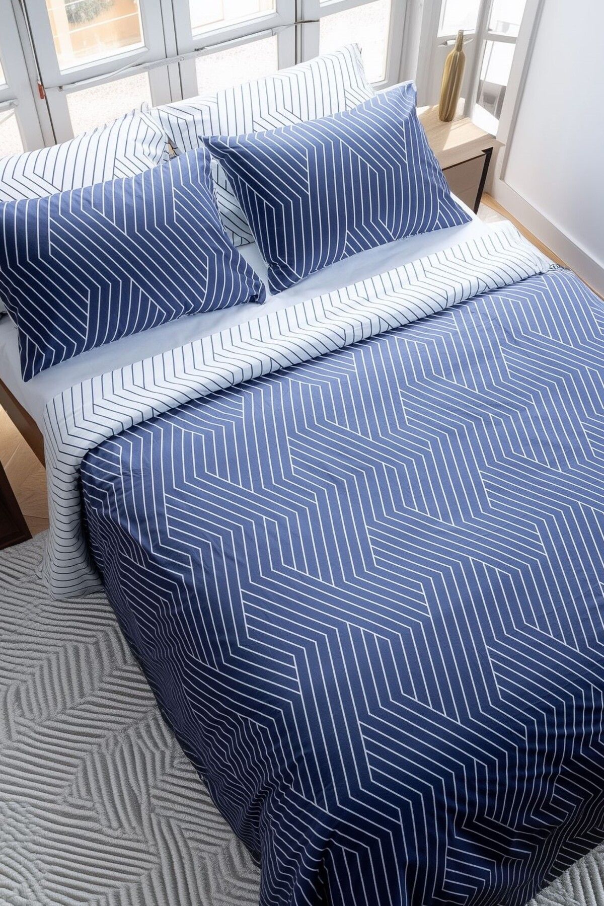 Leruum London-Oslo Double Navy Blue Duvet Cover Set with 2 Pillowcases Double Sided Stripes 200X220 1